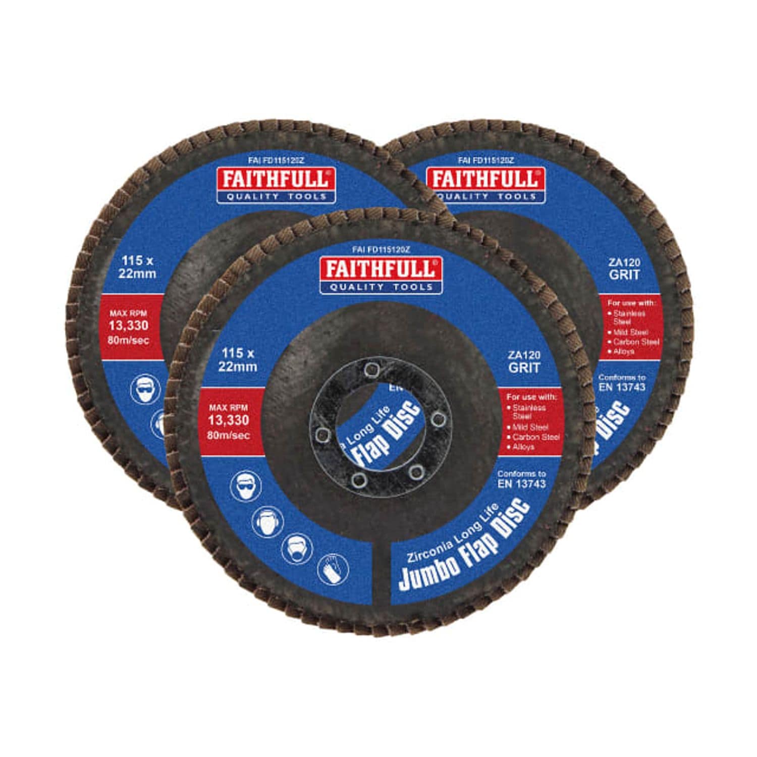 Faithfull Zirconia Abrasive Jumbo Flap Disc - 115 x 22mm 120 Grit (Pack of 3)
