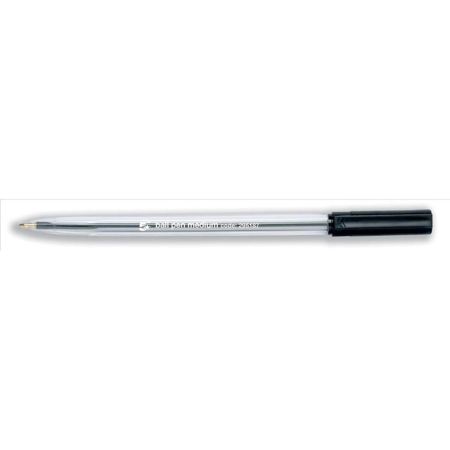 5 Star Ball Pen Clear Barrel Medium 1.0mm Tip 0.7mm Line Black (Pack of 50)