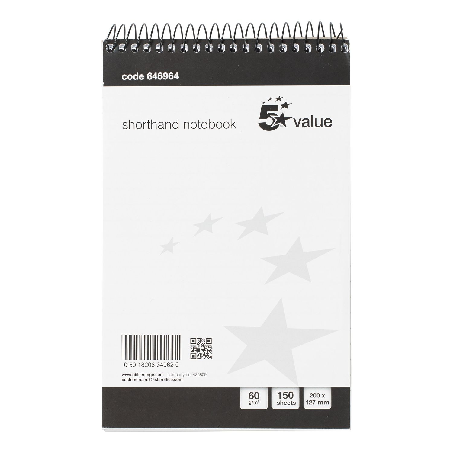 5 Star Shorthand Pad Wirebound 60gsm Ruled 300pp 127x200mm Black/White (Pack of