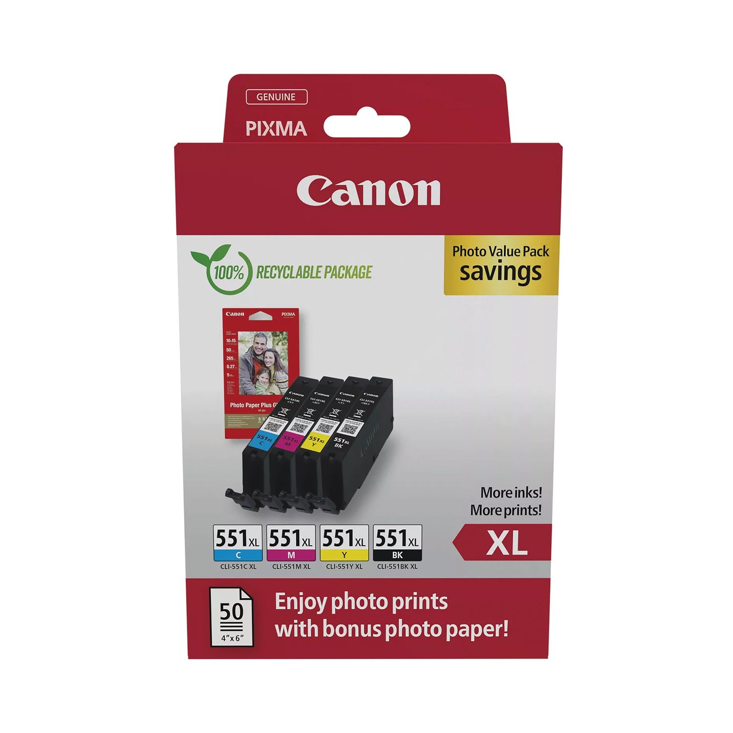Canon CLI-551XL Ink Cartridges High Yield CMYK + 4 x 6 In Photo Paper Value Pack
