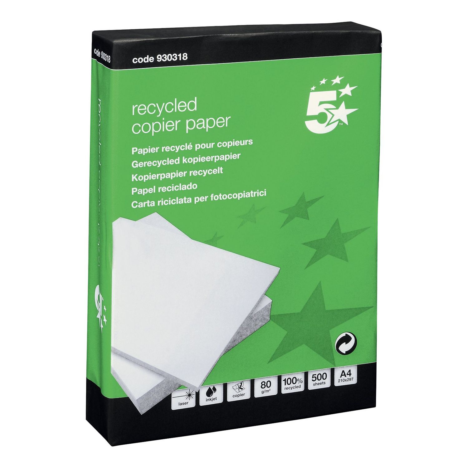 5 Star 5 Star Eco Copier Paper Recycled 80gsm A4 White Ream-Wrapped (Pack of 5)