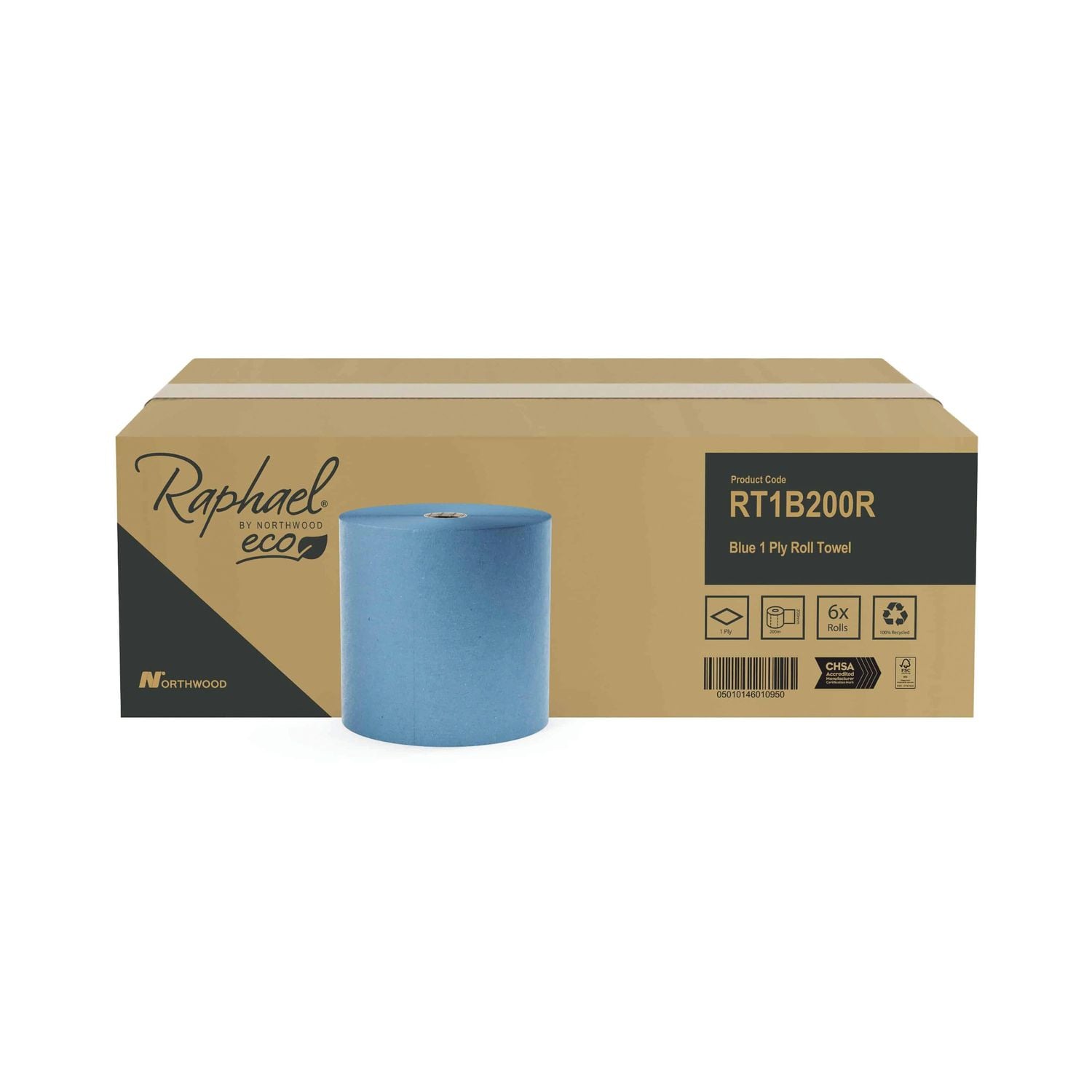 Raphael Roll Towel 1-Ply 200m x 200mm Blue (Pack of 6) - RT1B200RDS