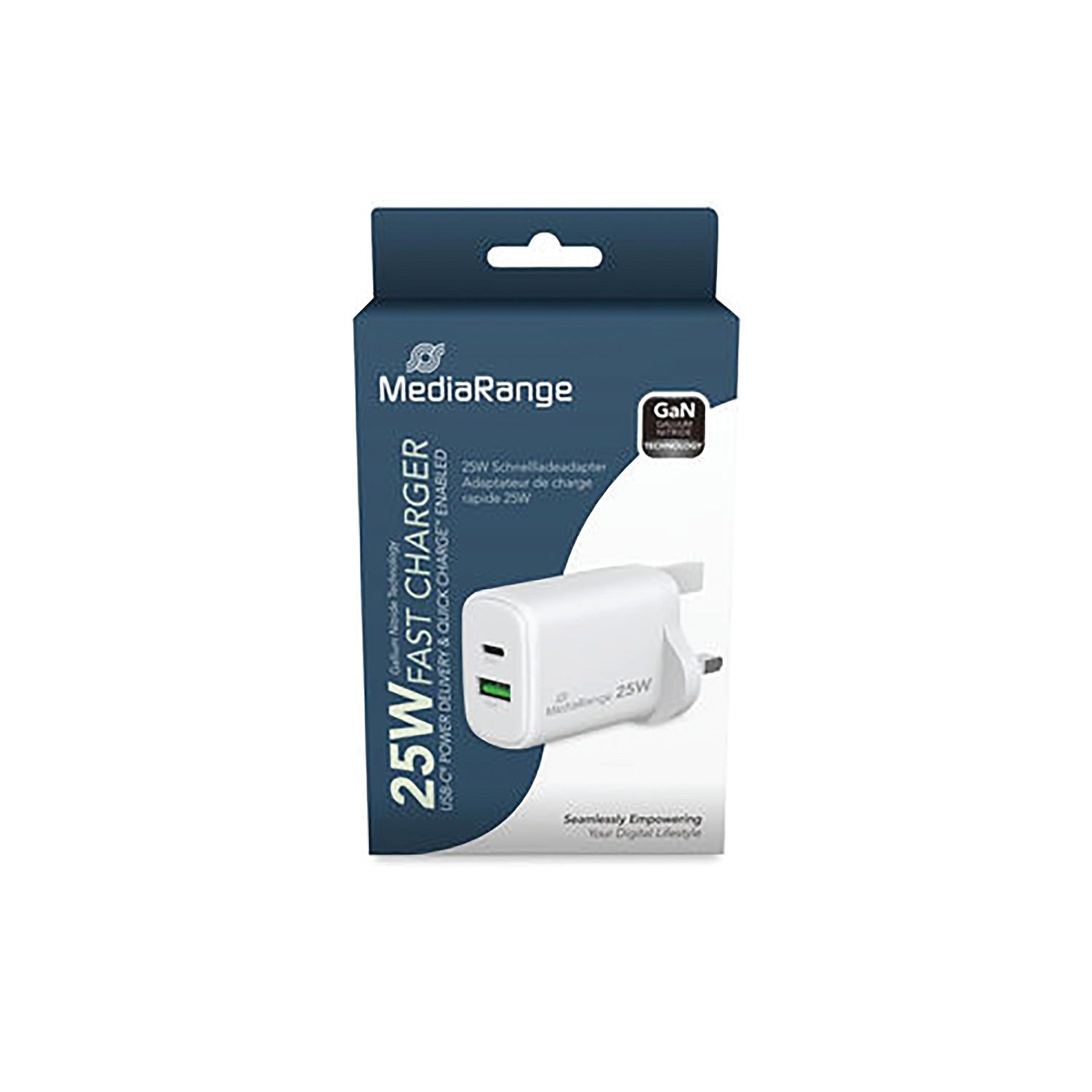 MediaRange GaN Fast Charging Adapter UK Plug 1xUSB-C and 1xUSB-A 25W White - MRM