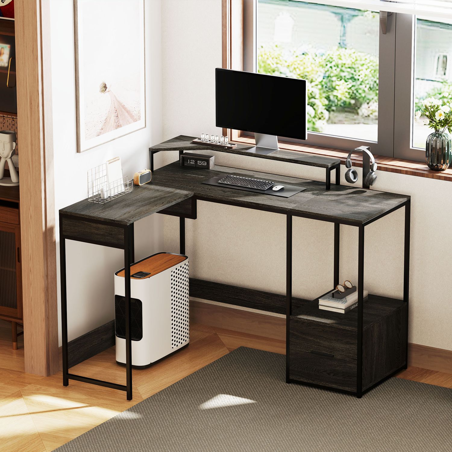 HOMCOM L Shaped Desk Computer Table with Liftable Desktop CharcoaL Grey - 836-58