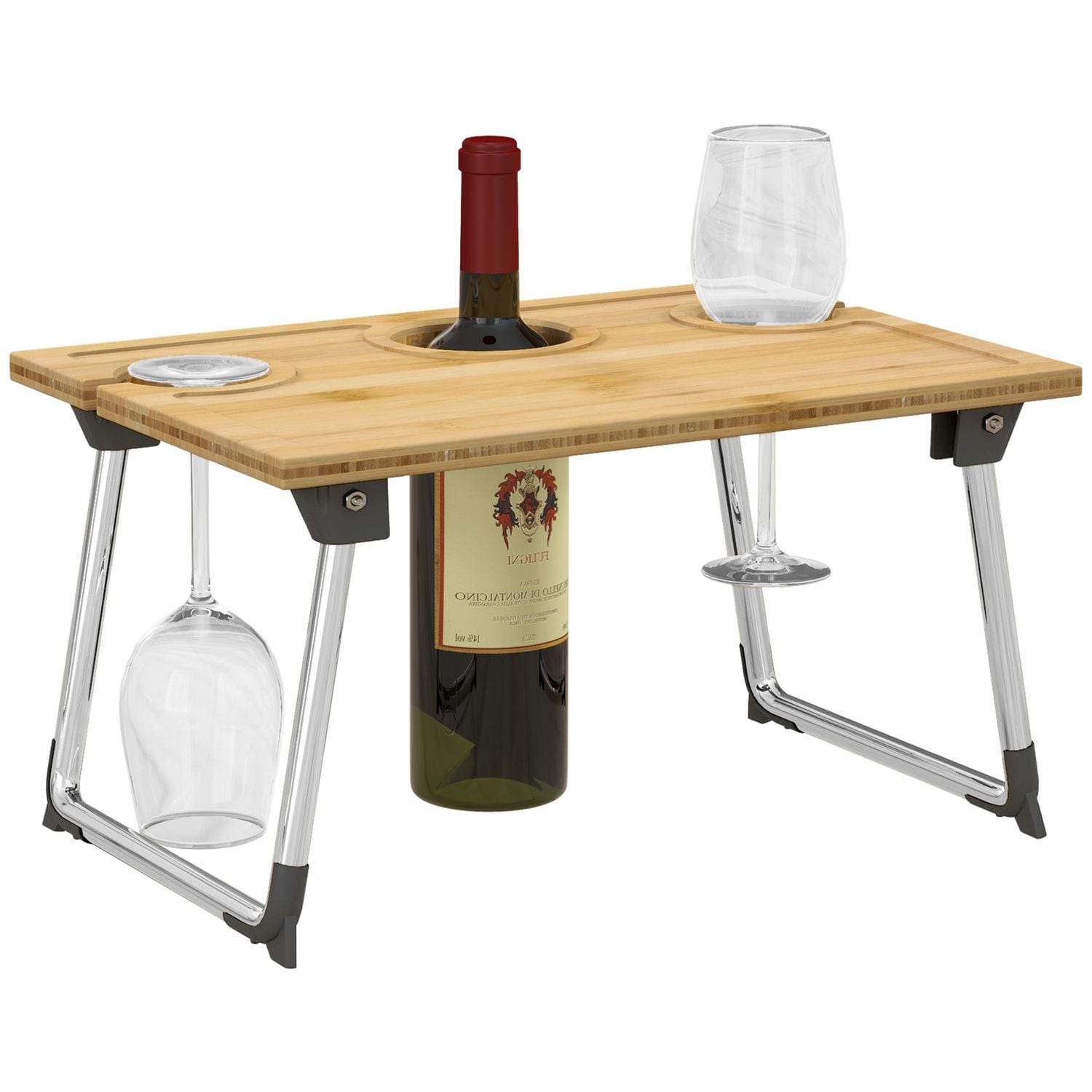 HOMCOM Foldable Wine Table Bamboo Picnic Table with Bottle Holder Glass Holder -