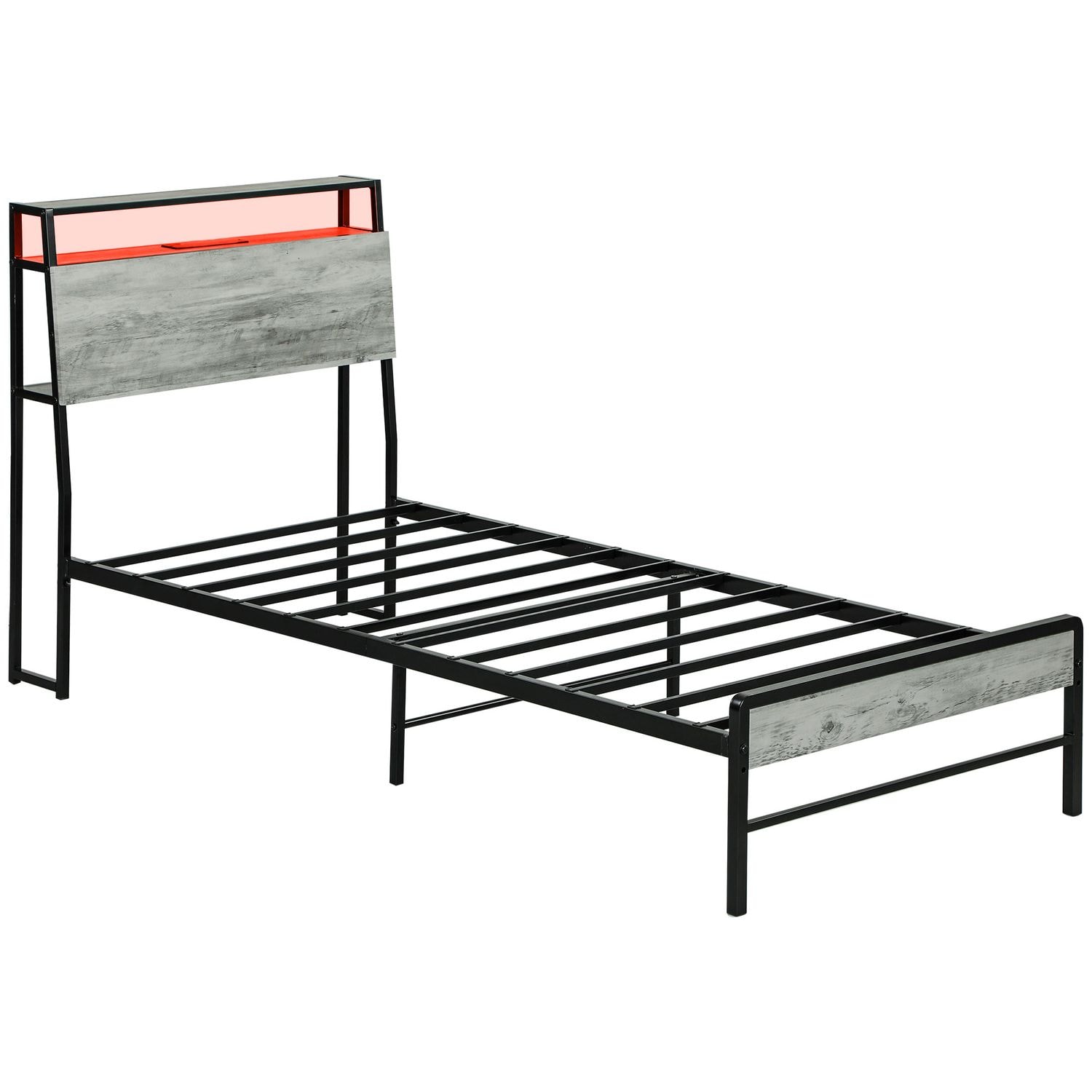 HOMCOM LED Single Bed Frame with Charging Station 90 x 190cm Cement Grey - 831-8