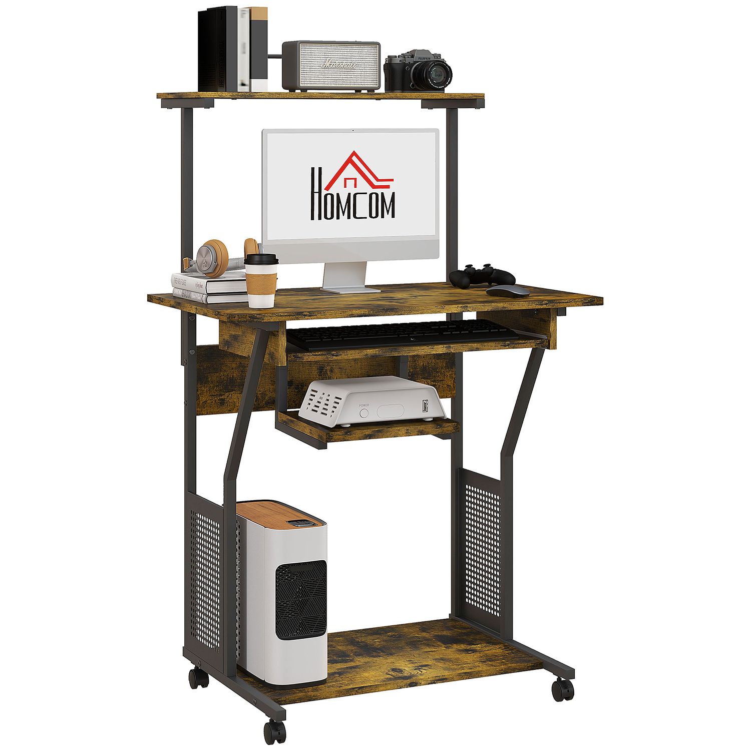 HOMCOM Rolling Computer Desk with Keyboard Tray Storage Shelves Rustic Brown - 9