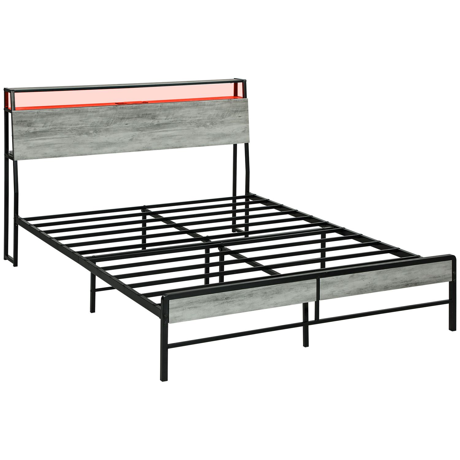 HOMCOM LED Double Bed Frame with Charging Station 135 x 190cm Cement Grey - 831-