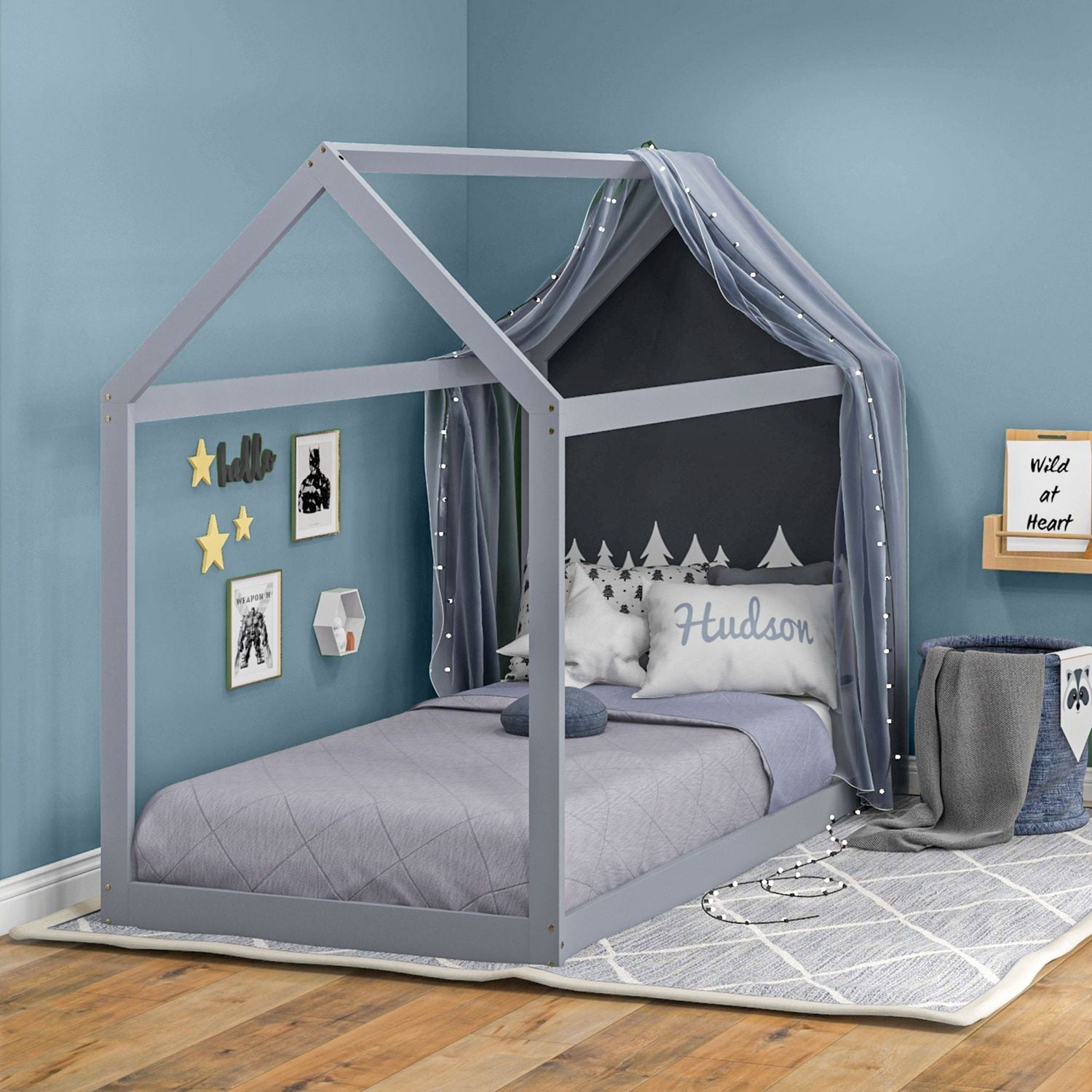 HOMCOM Wooden Single Bed Frame with Tree House Style Grey - 831-821V00GY