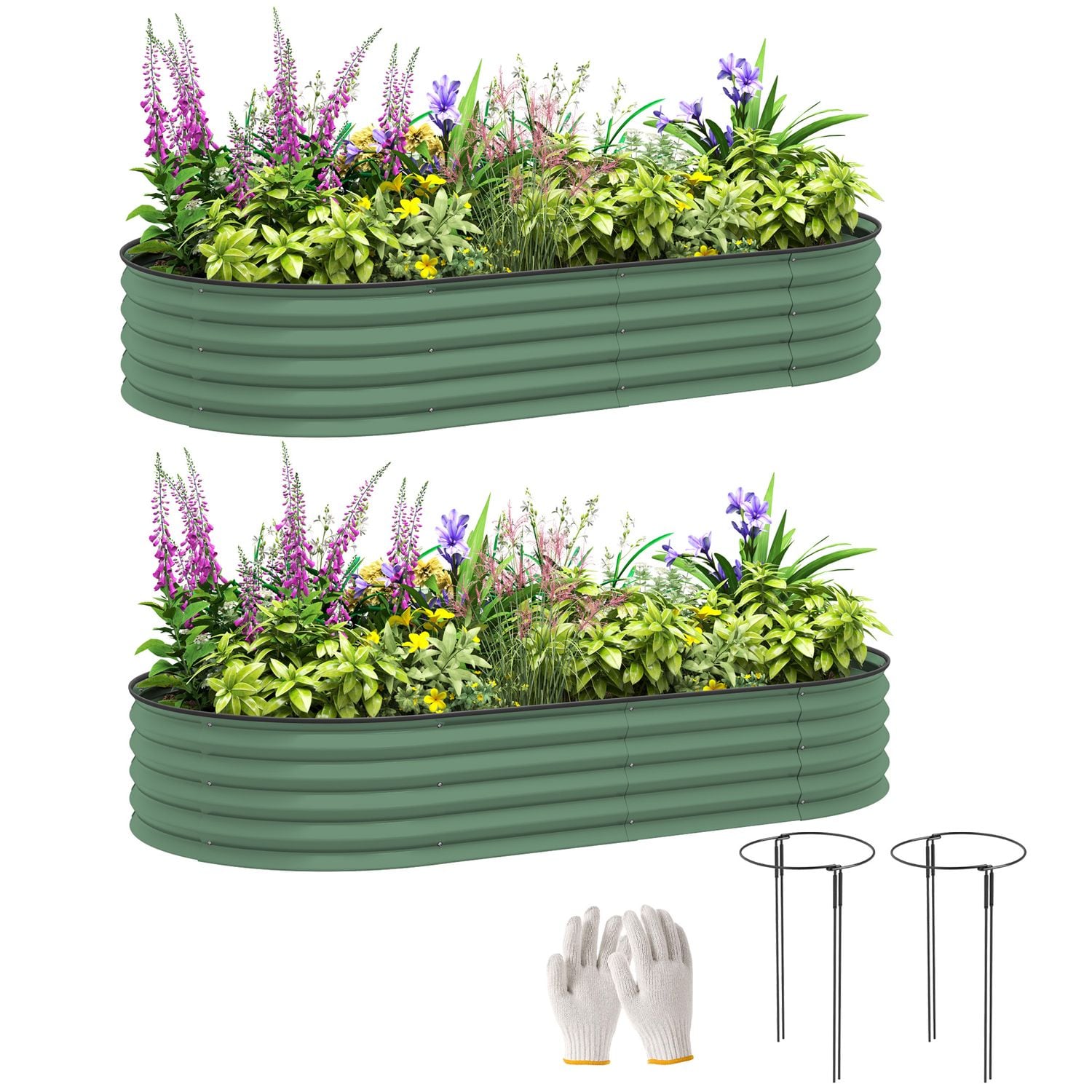 Outsunny Set of 2 Raised Beds for Garden with Metal Plant Stakes Green - 84H-244