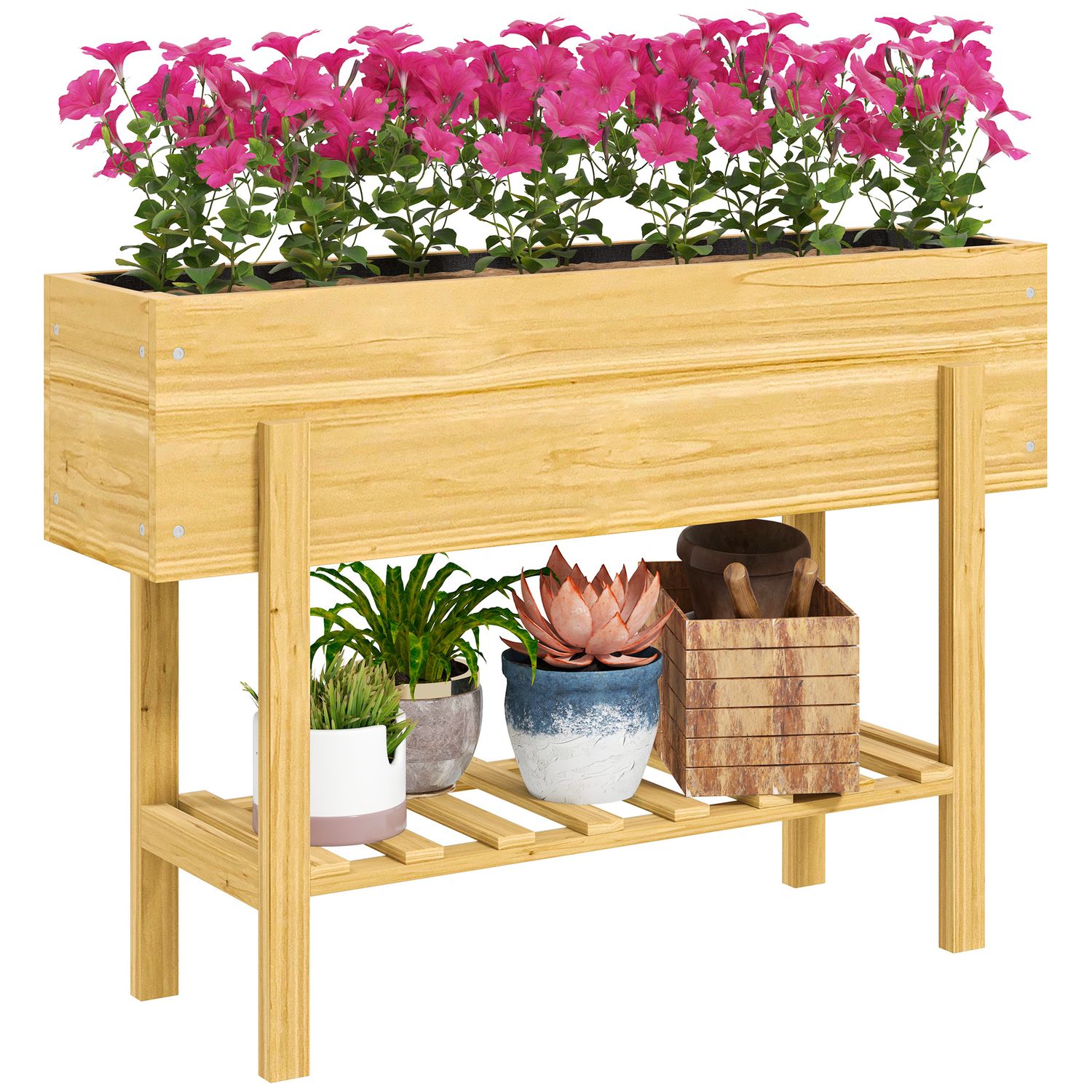 Outsunny Wooden Raised Bed with Bed Liner Storage Shelf Natural Wood Finish - 84