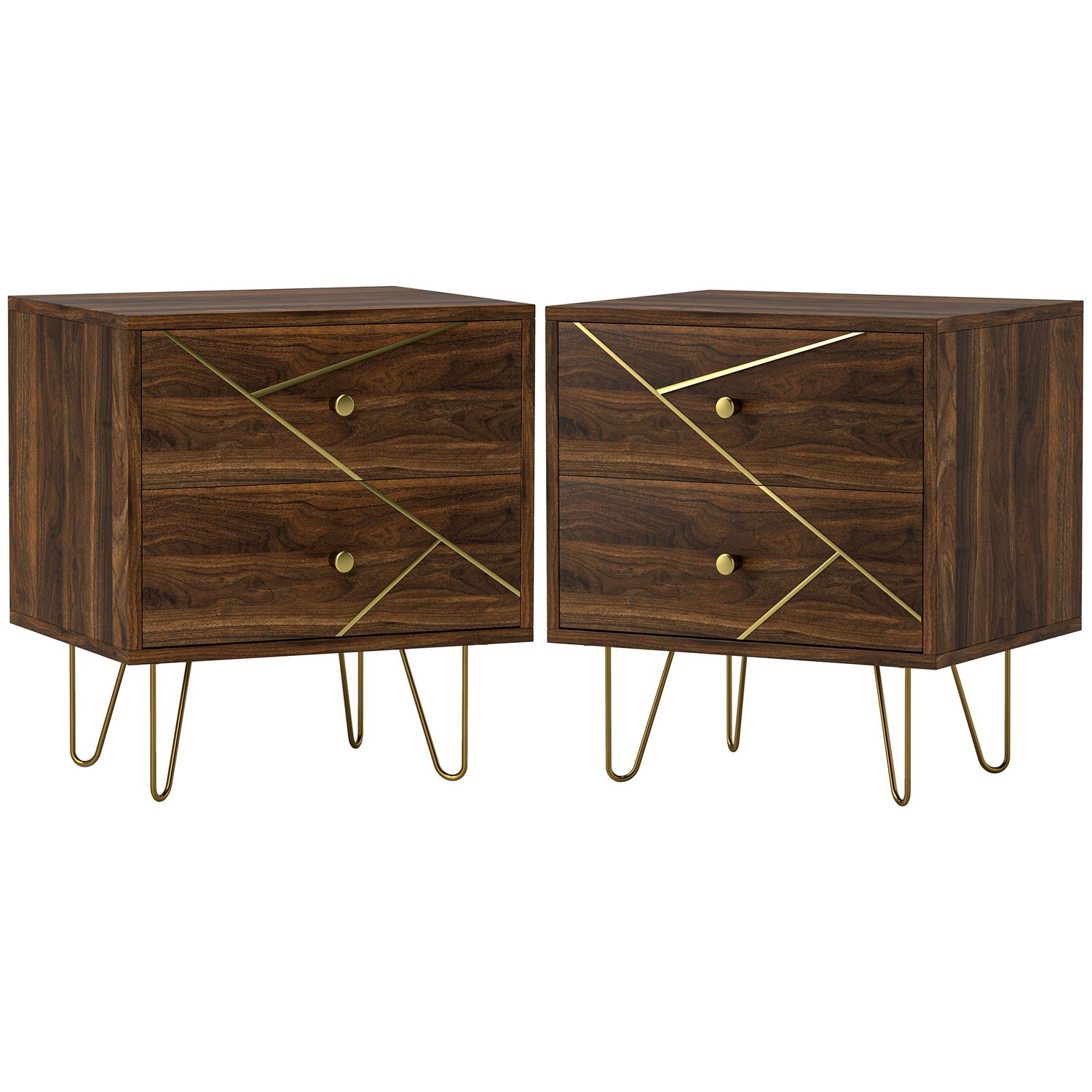 HOMCOM Bedside Tables Set of 2 Modern Side Table Set with 2 Drawers Brown - 831-