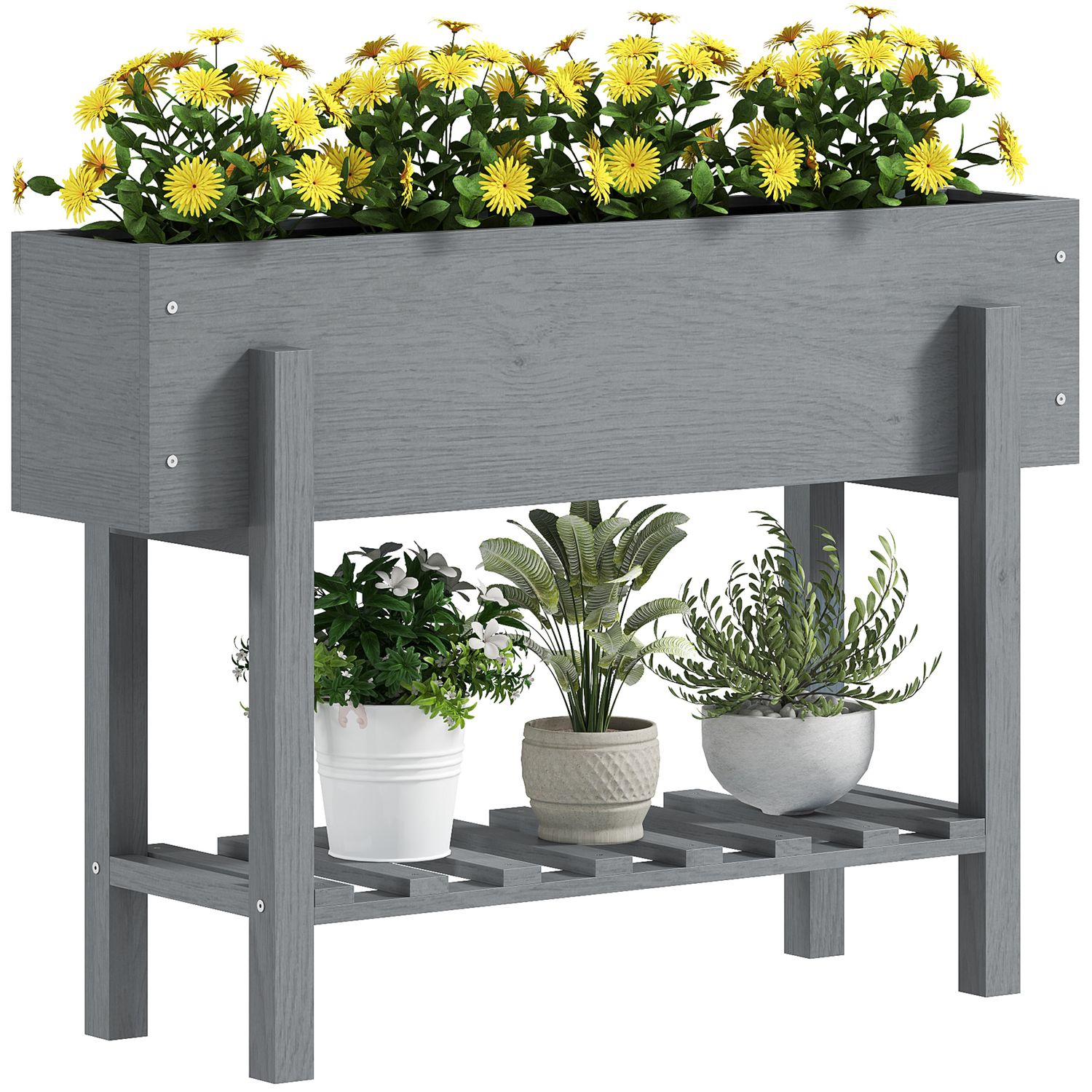Outsunny Wooden Raised Bed with Bed Liner Storage Shelf Grey - 84H-246V00GY