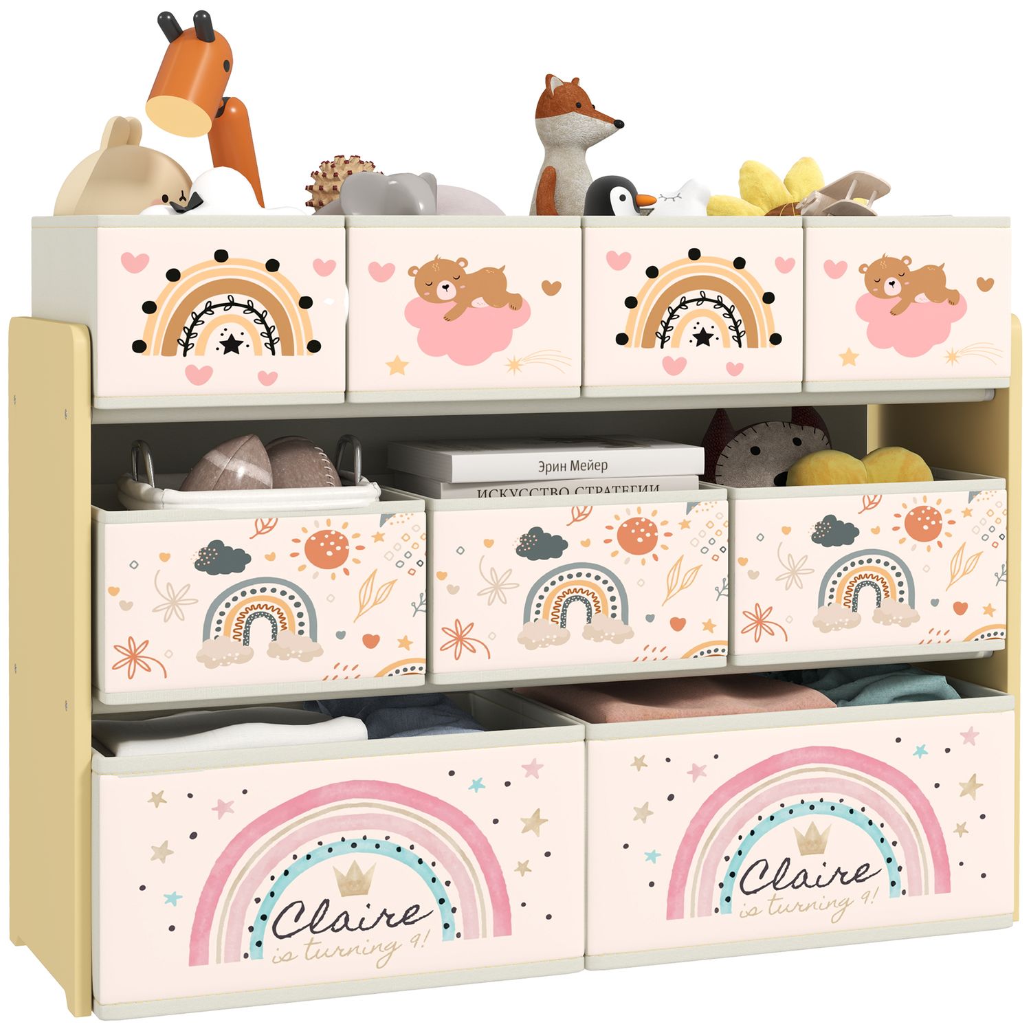 AIYAPLAY 3-Tier Toy Organiser Shelf with 9 Storage Boxes for Bedroom Yellow - 31