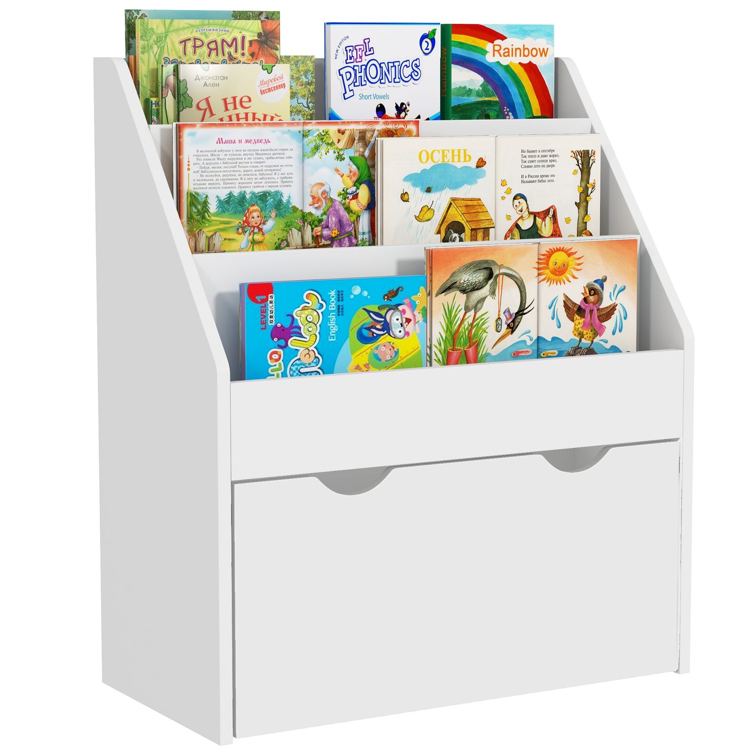AIYAPLAY Kids Bookcase with 3 Tier Shelves Drawer for Bedroom Nursery White - 31