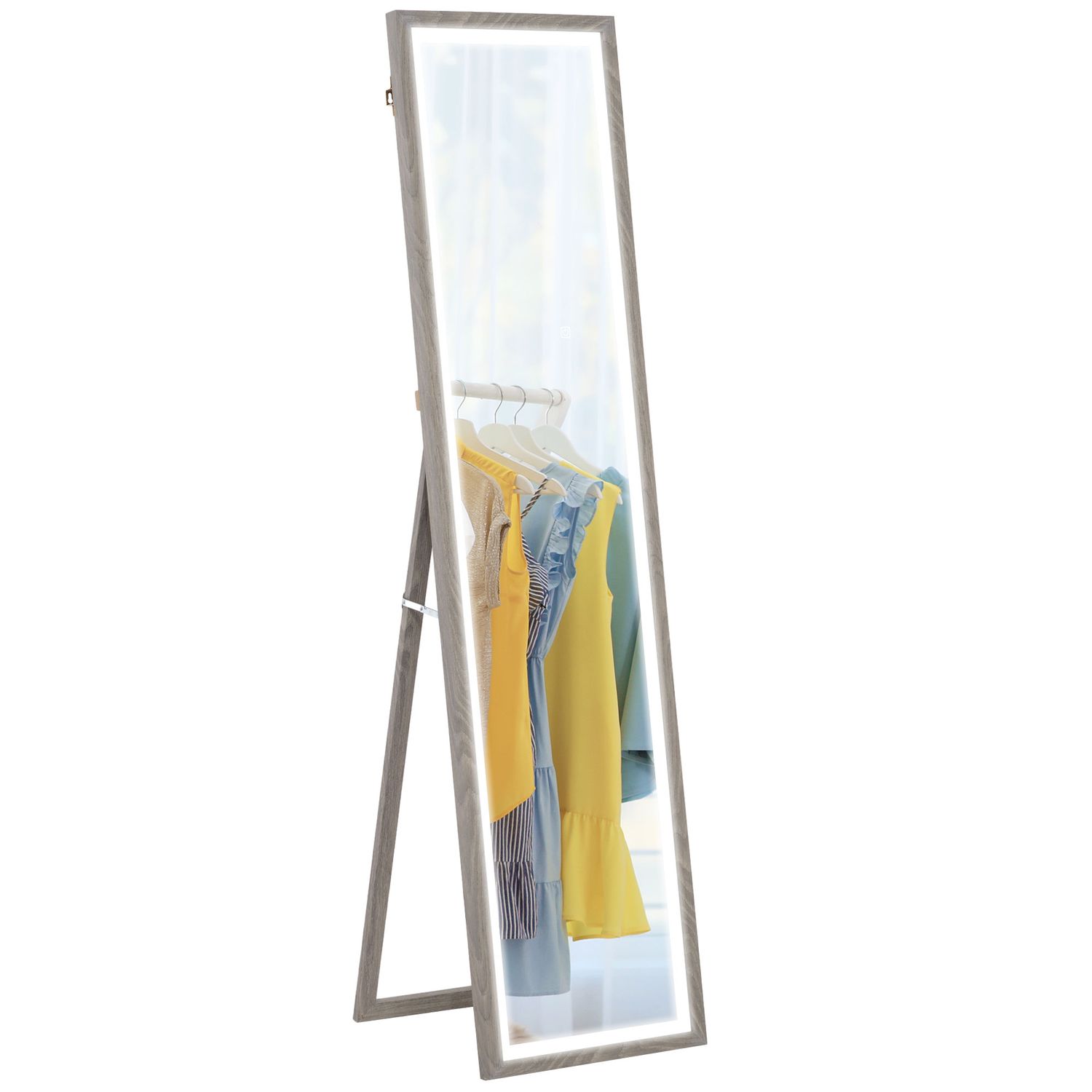 HOMCOM Dimming Full Length Mirror with Lights Standing Leaning Wall Mount Grey -