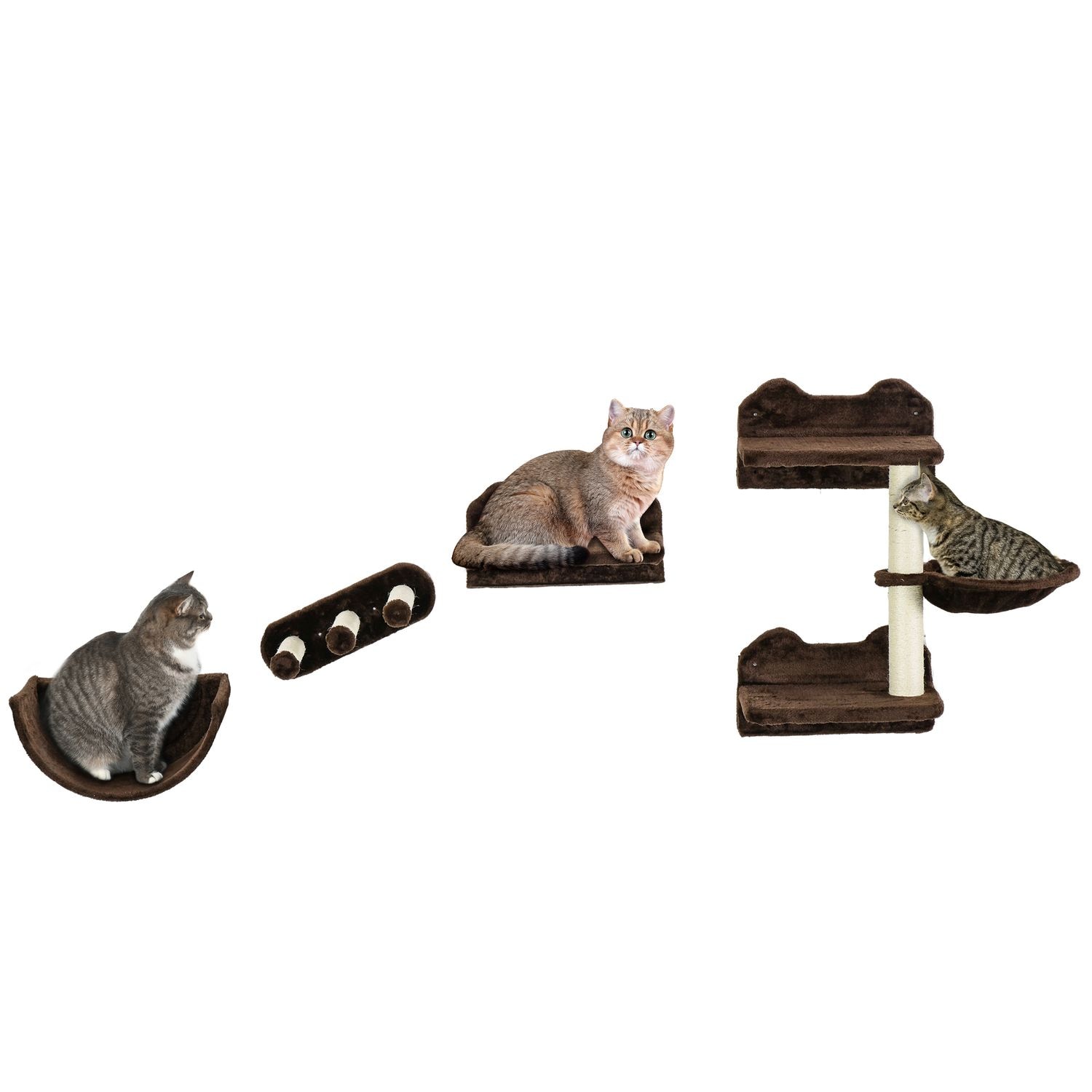 PawHut 4 Piece Wall Mounted Cat Tree Cat Wall Shelves with Scratching Post Dark