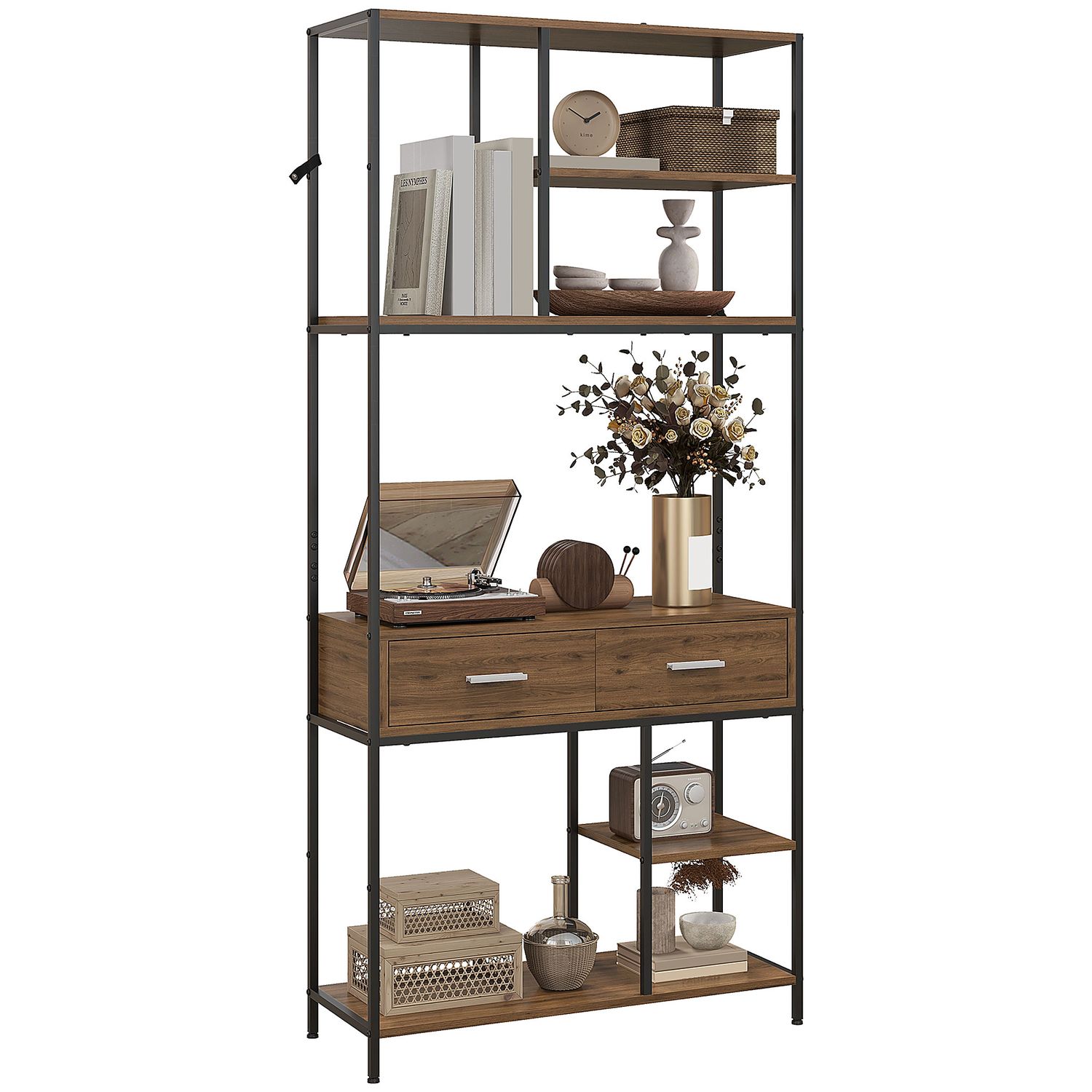 HOMCOM 5 Tier Free Standing Book Shelf with 2 Drawers for Study Living Room - 83