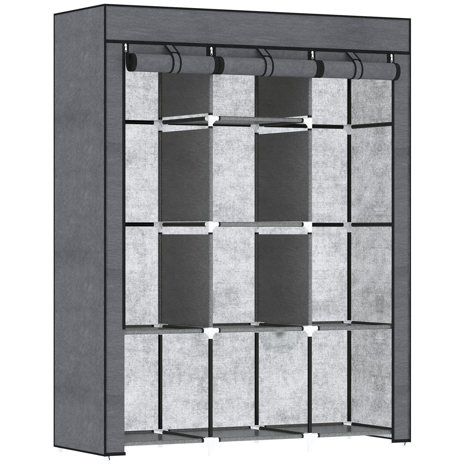 HOMCOM Fabric Portable Wardrobe with 8 Shelves 2 Hanging Rails Grey - 850-211V00