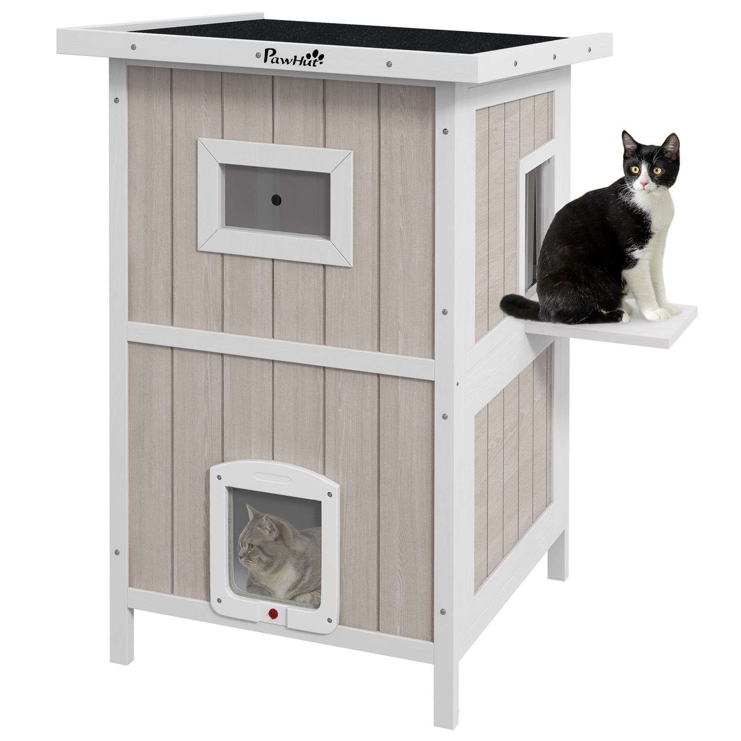 PawHut Outdoor Wooden Cat House with Removable Bottom Escape Doors for 1-2 Cats