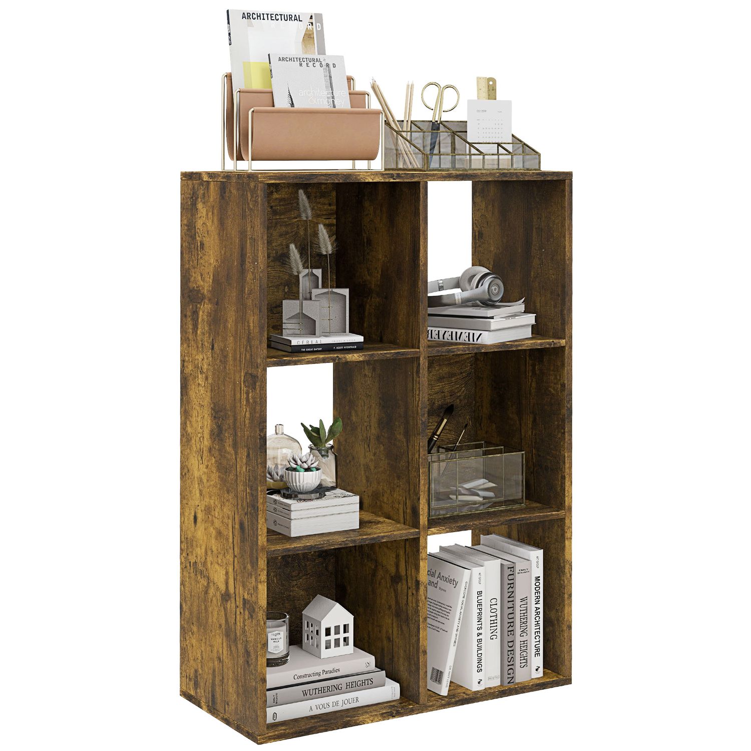 HOMCOM Storage Cabinet Bookcase 6 Cube for Home Office Rustic Brown - 833-423V80
