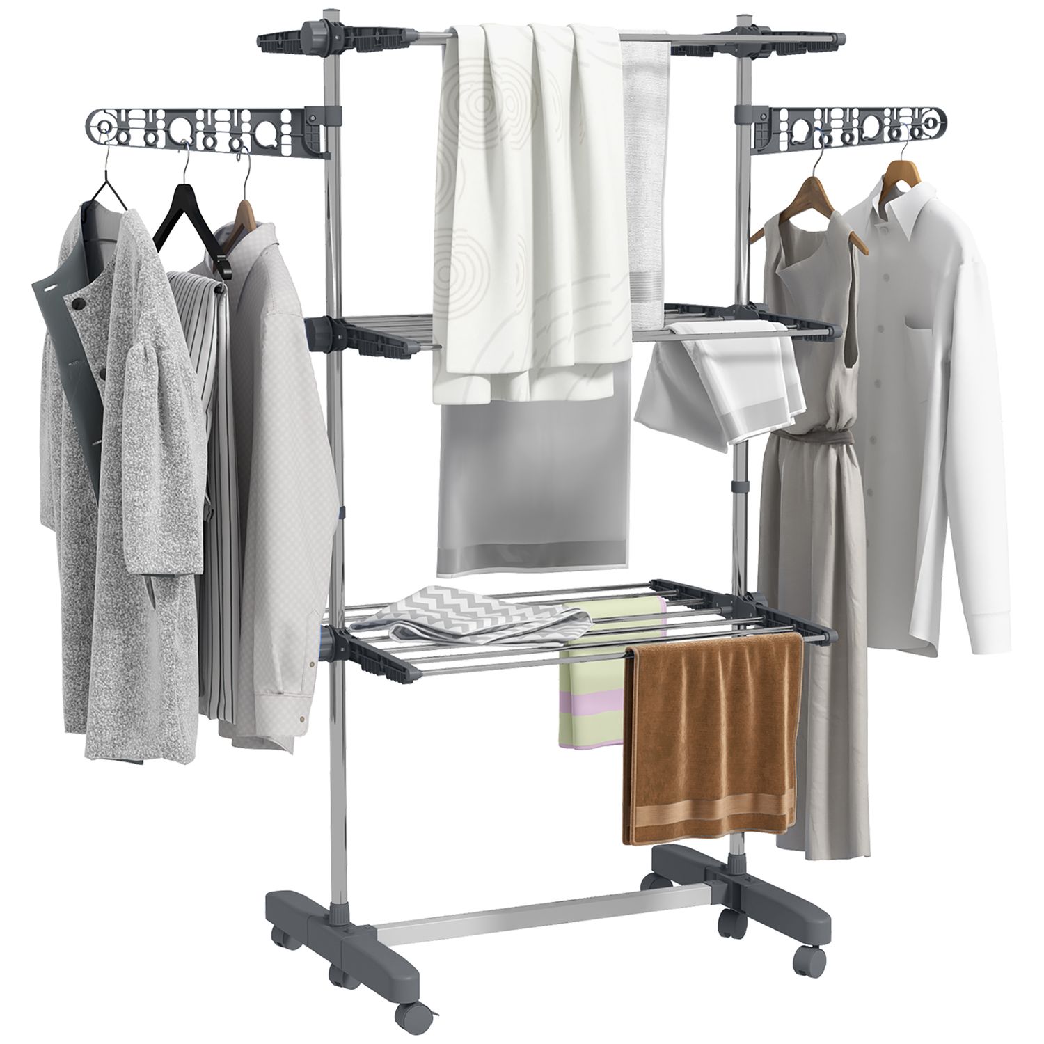 HOMCOM 3-Tier Large Clothes Airer Stainless Steel Clothes Drying Rack Grey - 850