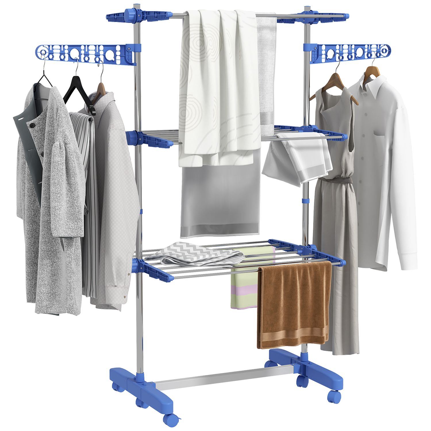 HOMCOM 3-Tier Large Clothes Airer Stainless Steel Clothes Drying Rack Blue - 850