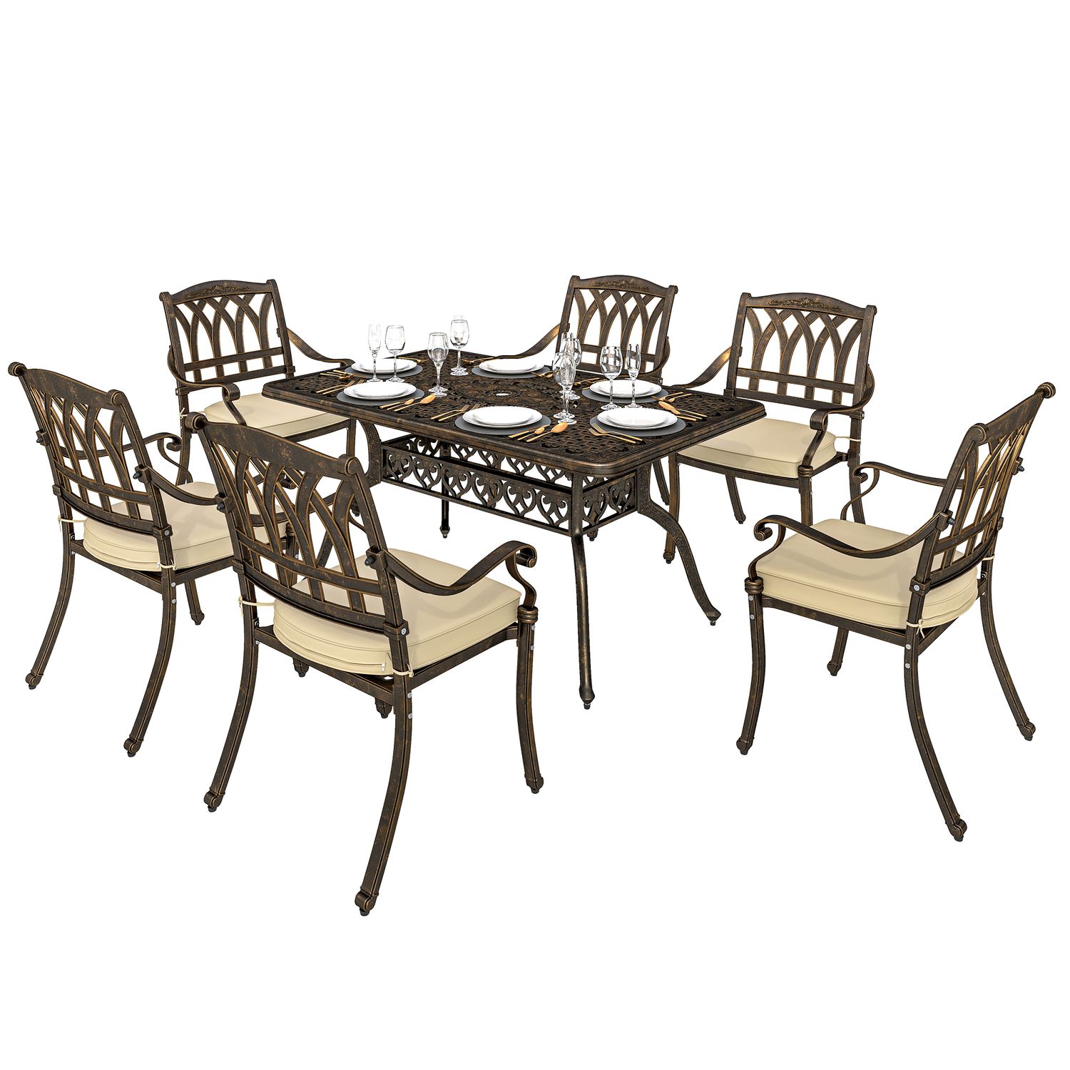 Outsunny 7 Pieces Cast Aluminium Garden Dining Set with Parasol Hole Bronze - 84