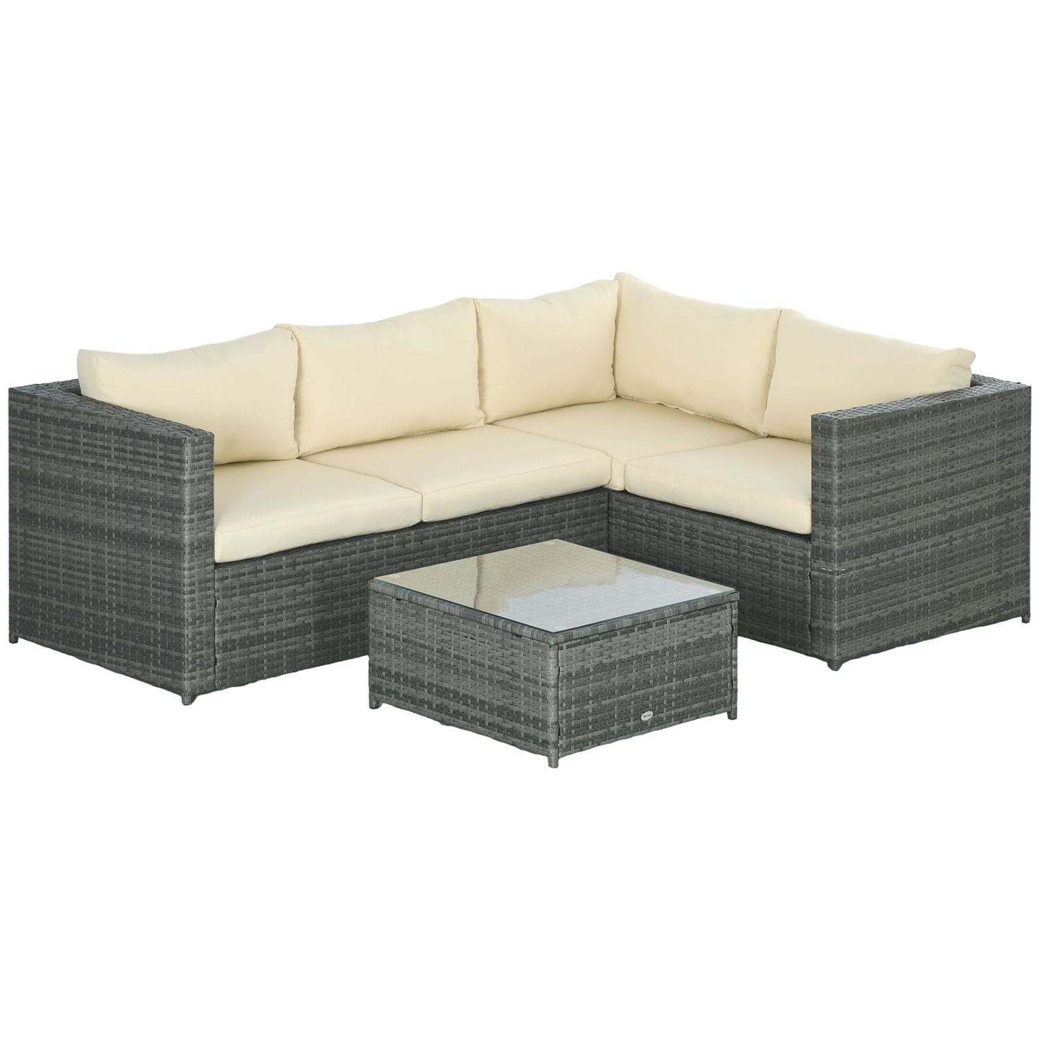 Outsunny 3 Piece Rattan Corner Sofa Set with Coffee Table Cushion Beige - 860-06