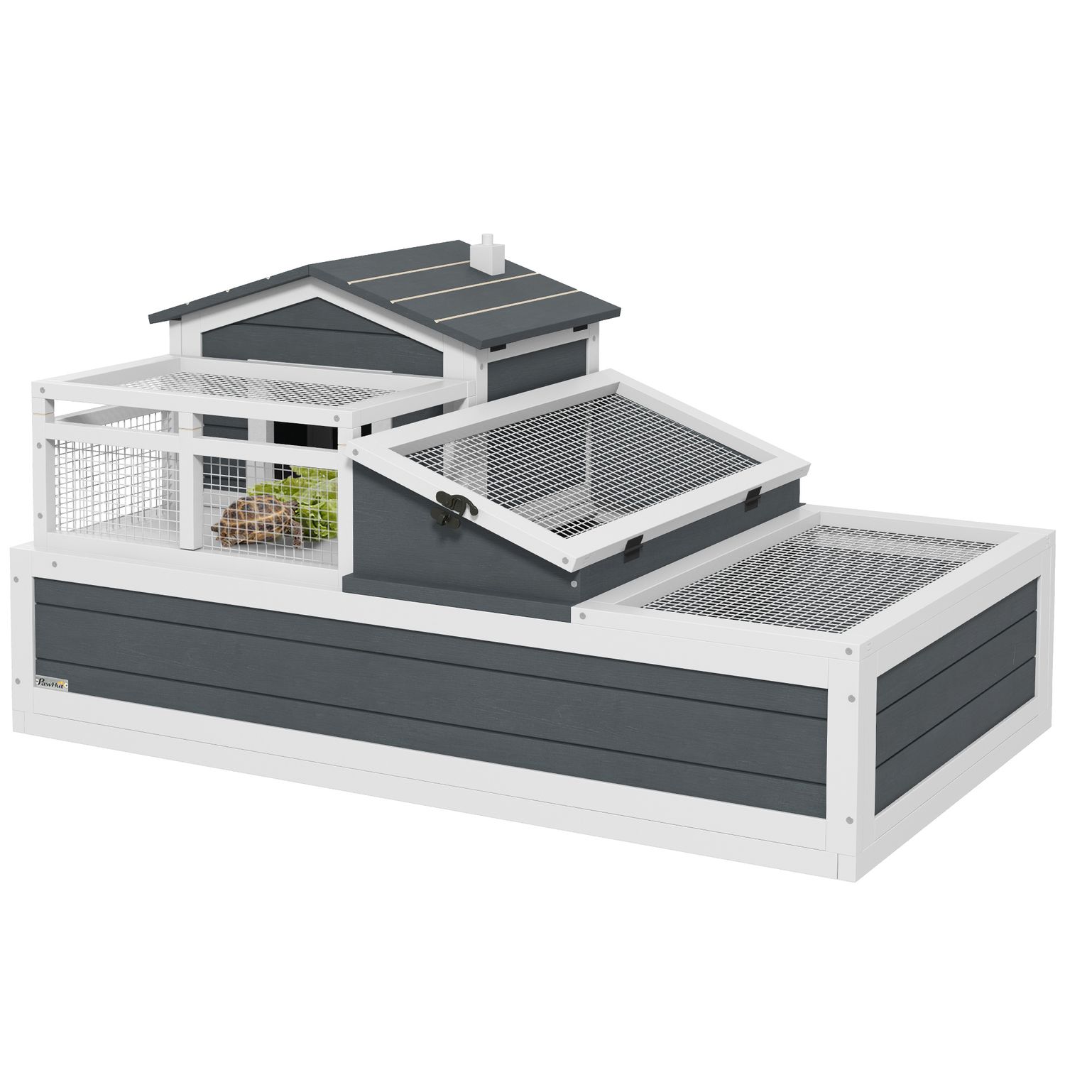 PawHut Wooden Tortoise House Indoor Outdoor with Balcony Tray Openable Roof - D4