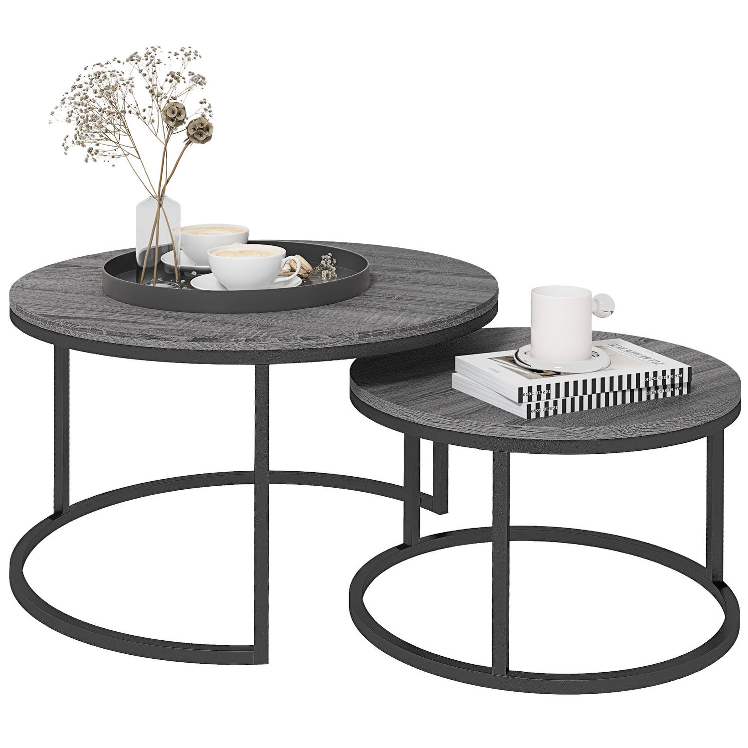 HOMCOM 2 Piece Stacking Coffee Table Set Steel Frame Wood Effect Top Foot Pads -