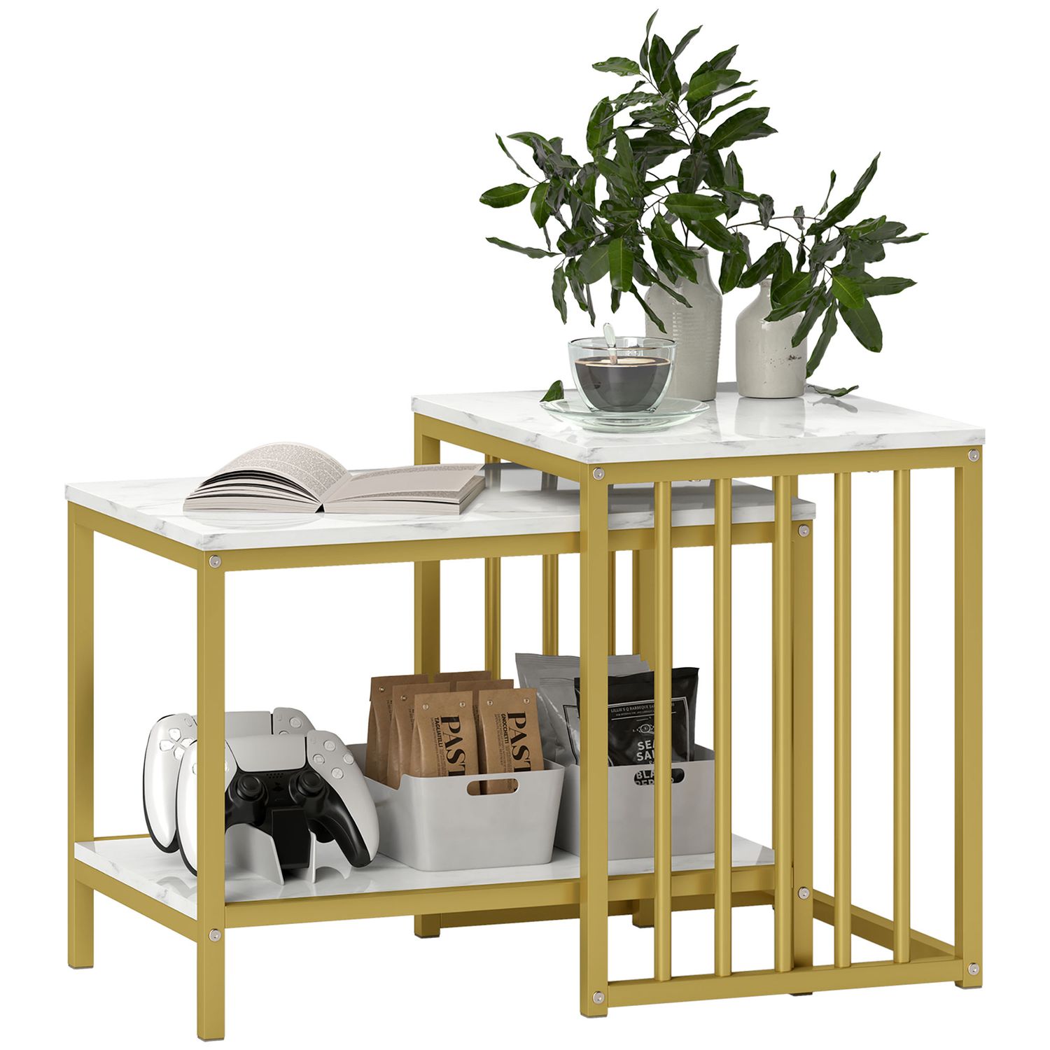 HOMCOM Modern Coffee Table Set of Two with Steel Frame Marble-Effect Gold Tone -