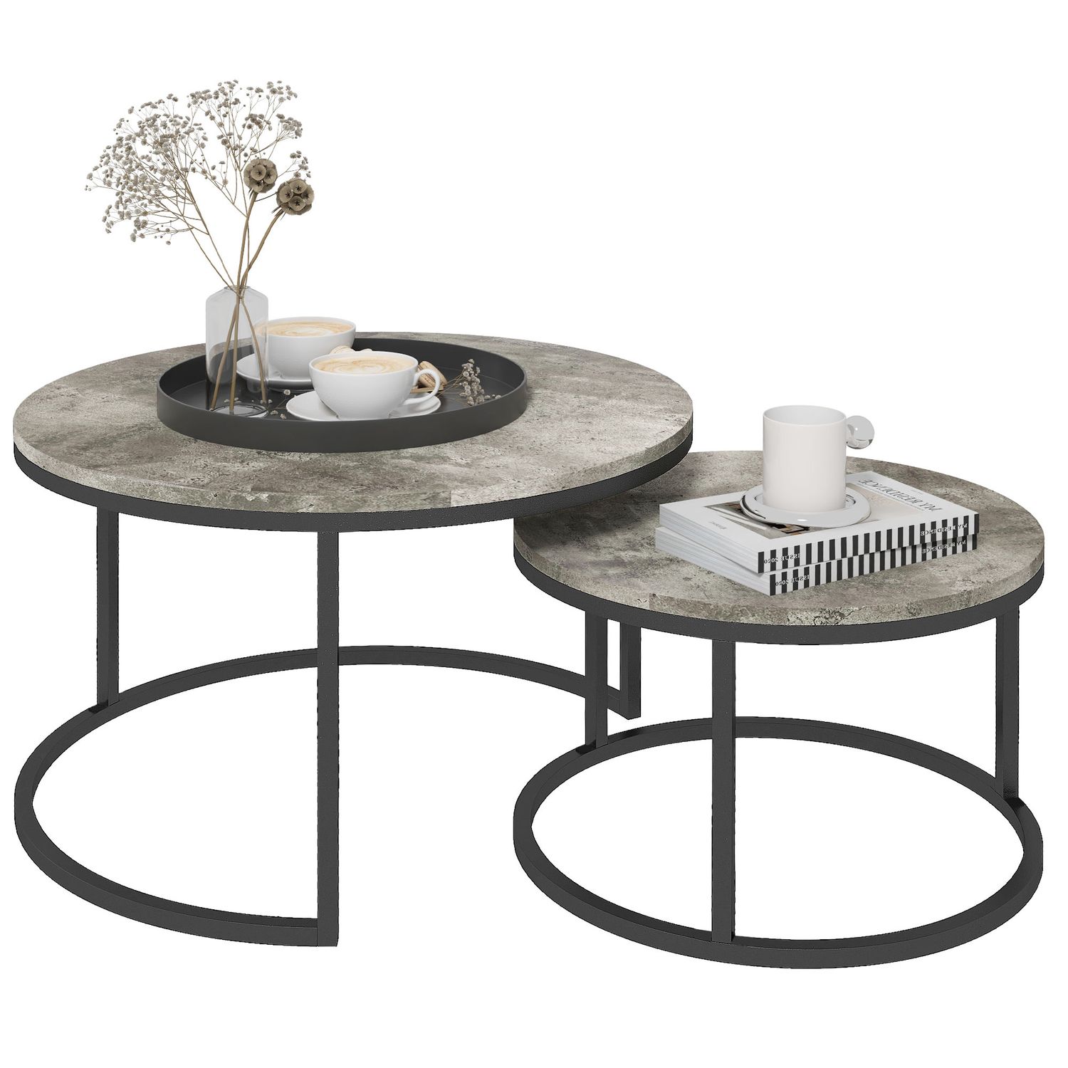 HOMCOM 2 Piece Stacking Coffee Table Set Steel Frame Cement-Effect Top Foot Pads