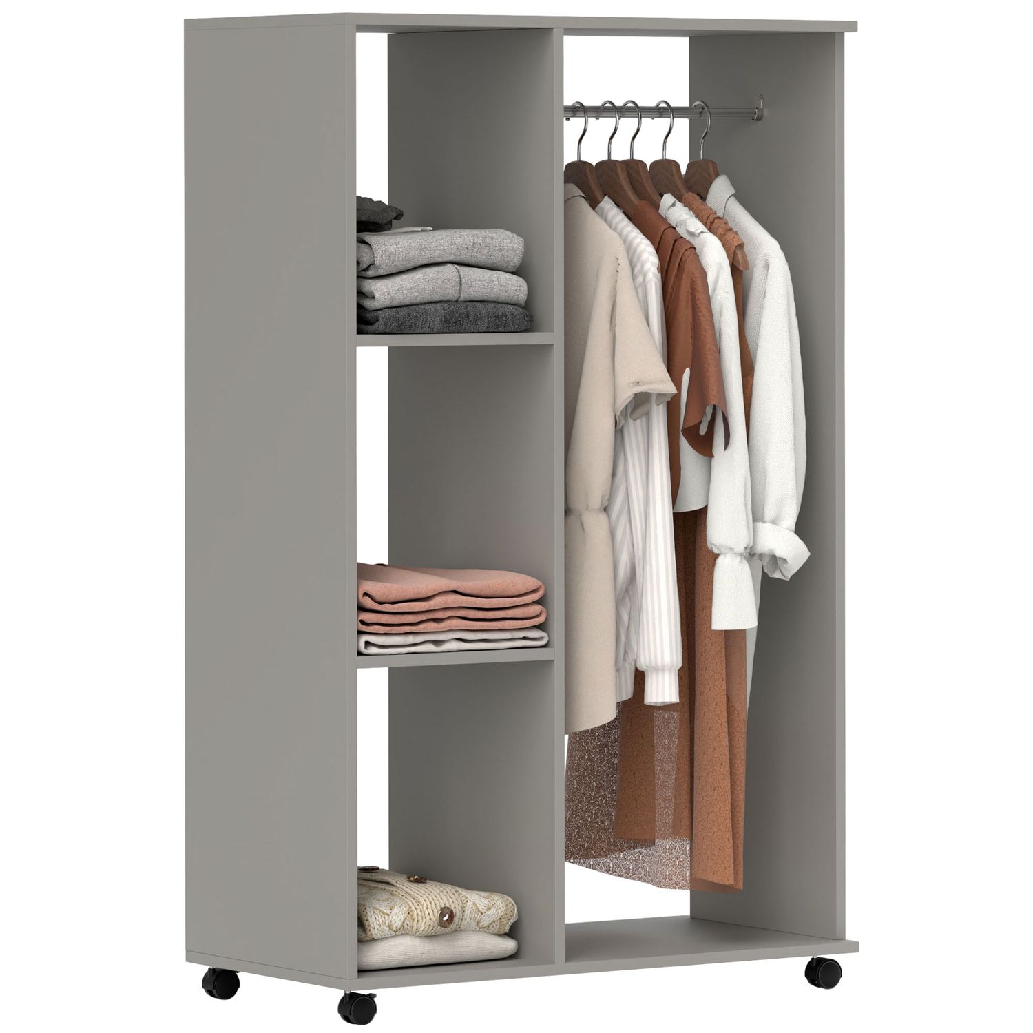 HOMCOM Rolling Open Wardrobe Hanging Rail Storage Shelves for Clothes Grey - 831