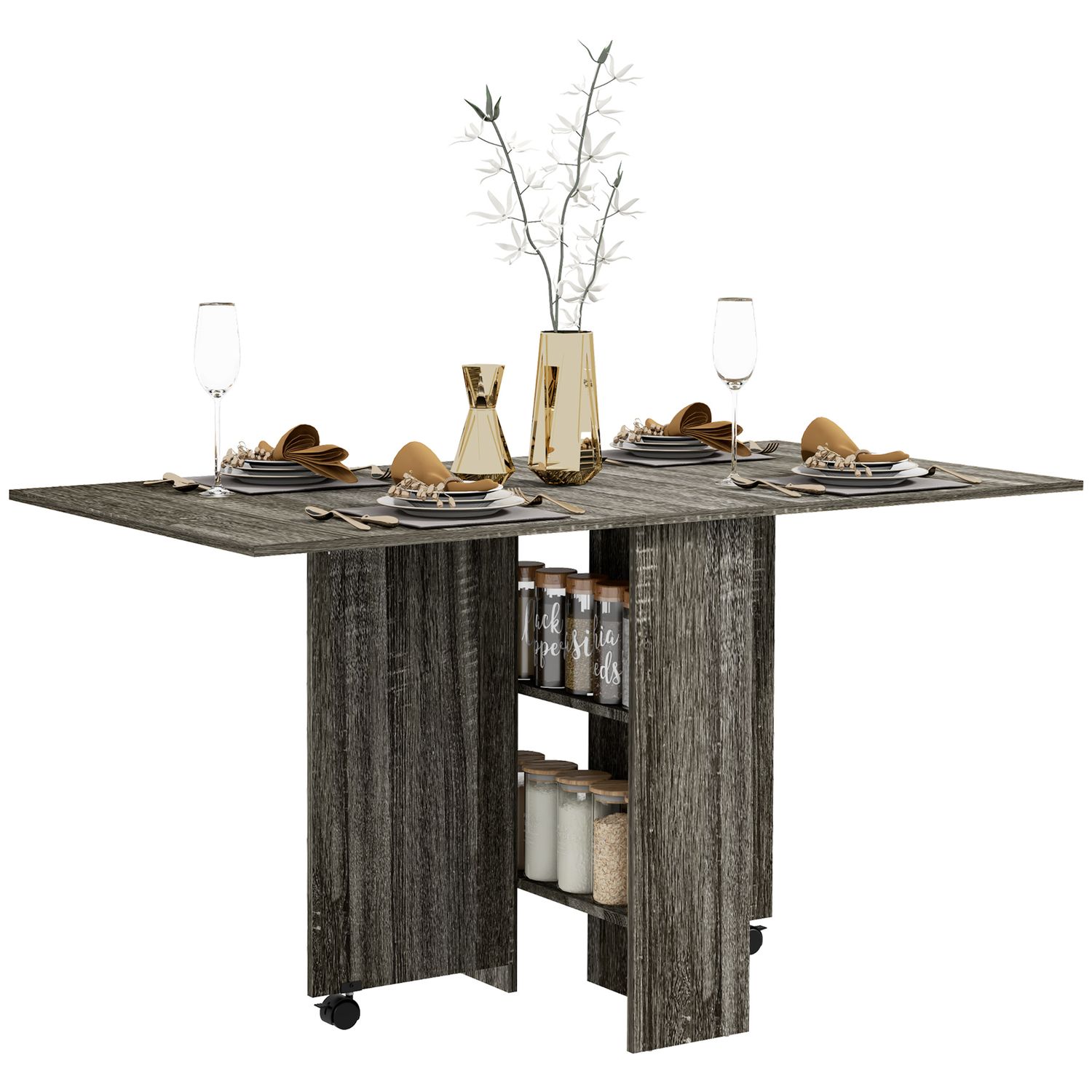 HOMCOM Mobile Drop Leaf Dining Table Folding Desk with 2 Wheels Dark Grey - 835-