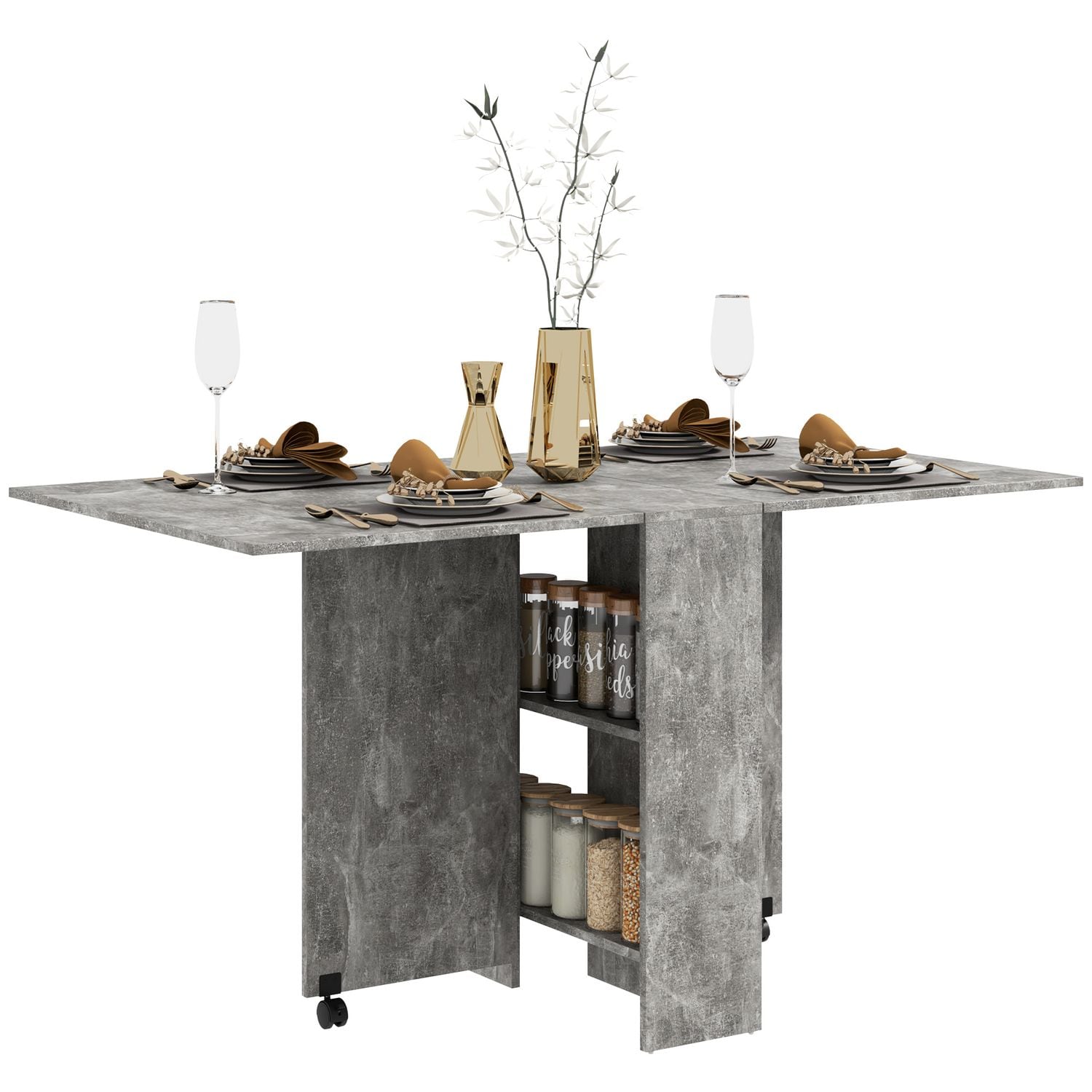 HOMCOM Mobile Drop Leaf Dining Table Folding Desk with 2 Wheels Cement Grey - 83