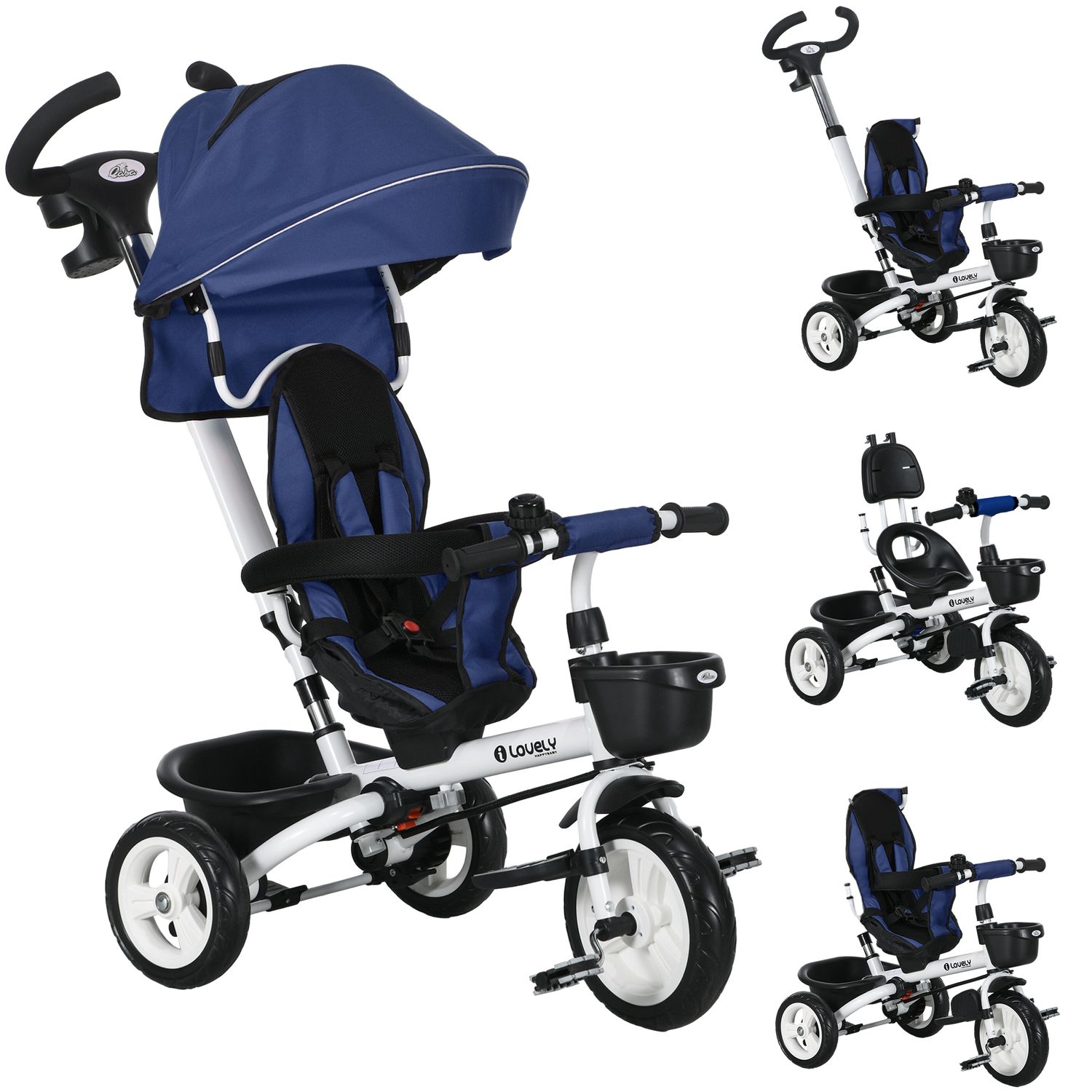 HOMCOM 6 In 1 Trike for Toddler 1-5 Years with Parent Handle Dark Blue - 370-061