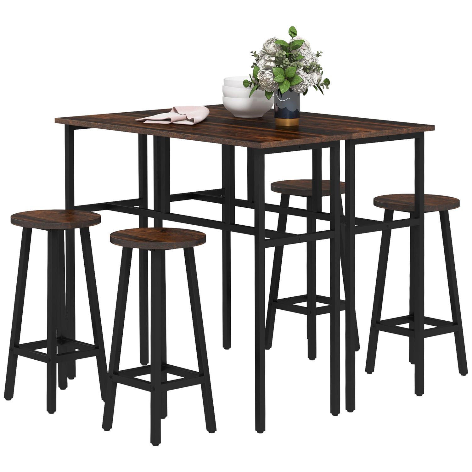 HOMCOM 6-Piece Industrial Bar Table Set 2 Kitchen Tables with 4 Stools Brown - 8