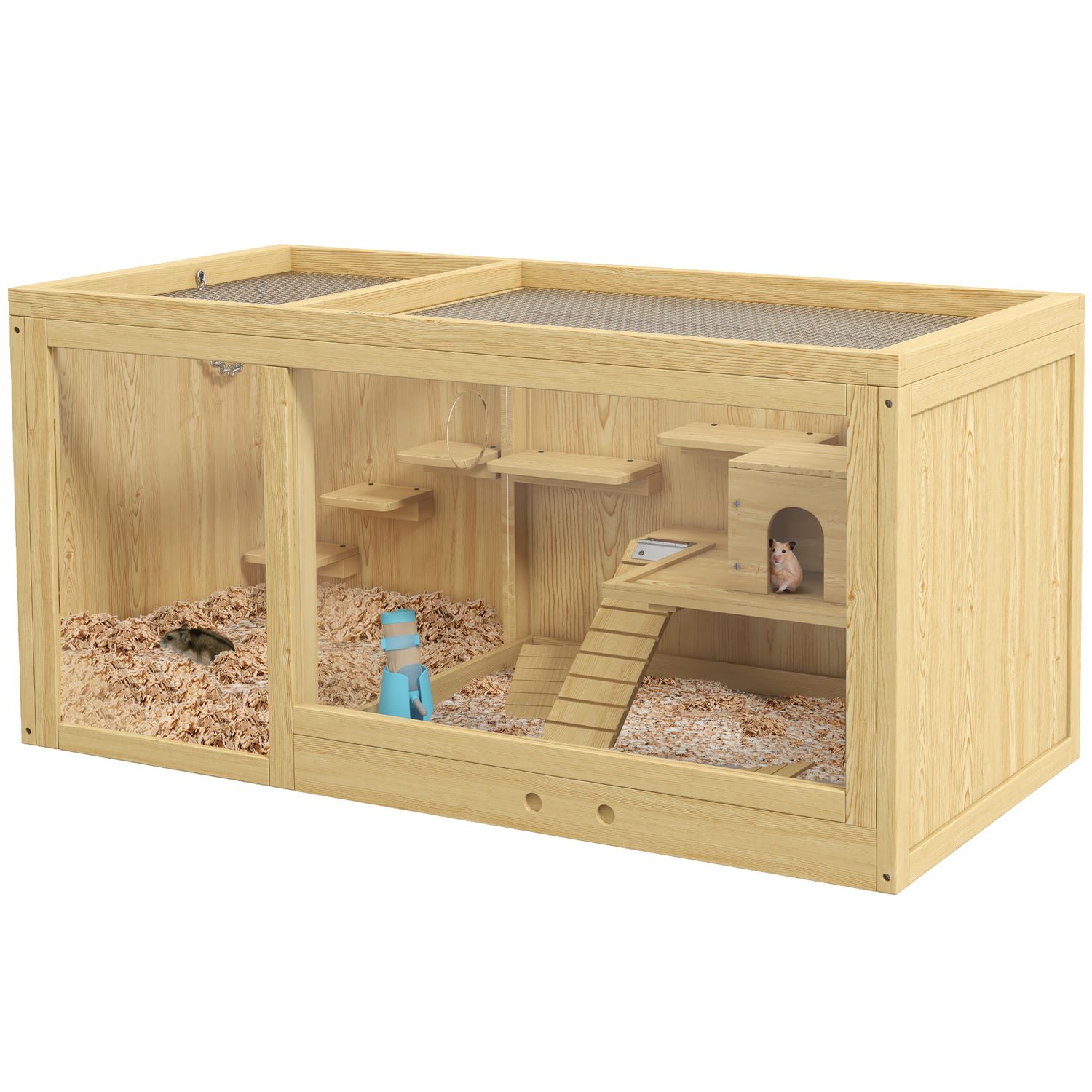 PawHut Wooden Hamster Cage with Water Bottle Platforms Openable Roof - D51-429V0