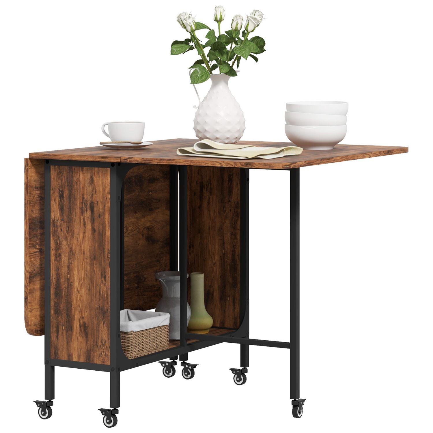 HOMCOM Mobile Drop Leaf Dining Table on Wheels with Storage Shelf Rustic Brown -