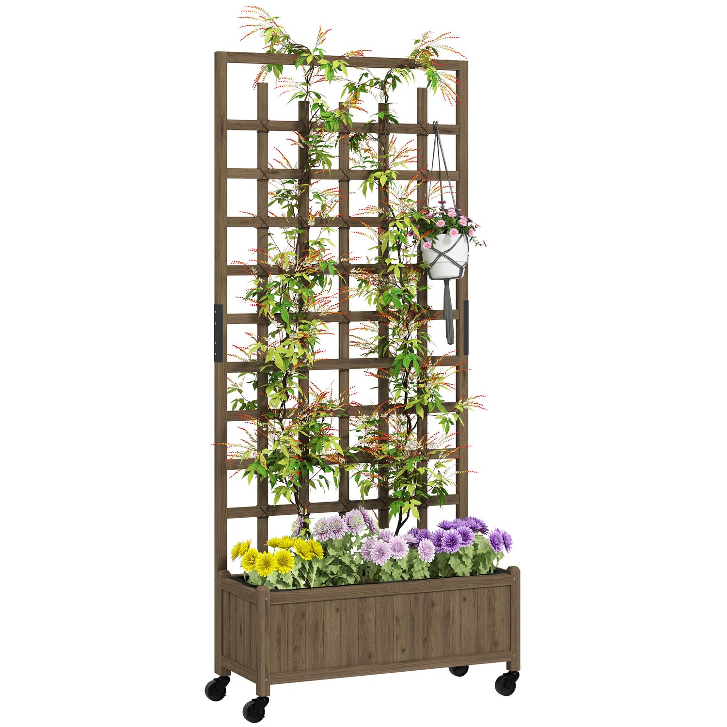 Outsunny Wooden Trellis Planter Raised Garden Bed with Wheels and Bed Liner - 84