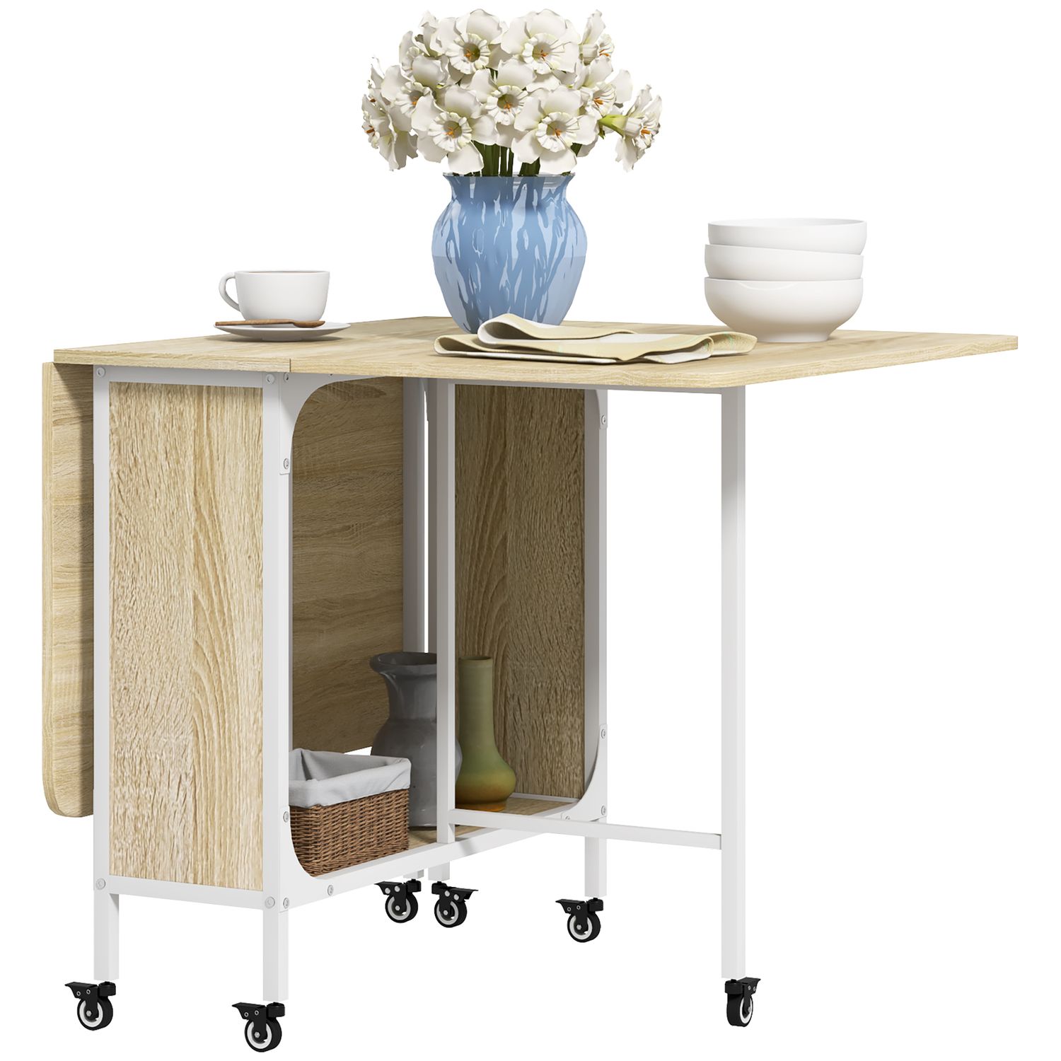 HOMCOM Mobile Drop Leaf Dining Table on Wheels with Storage Shelf Natural - 835-