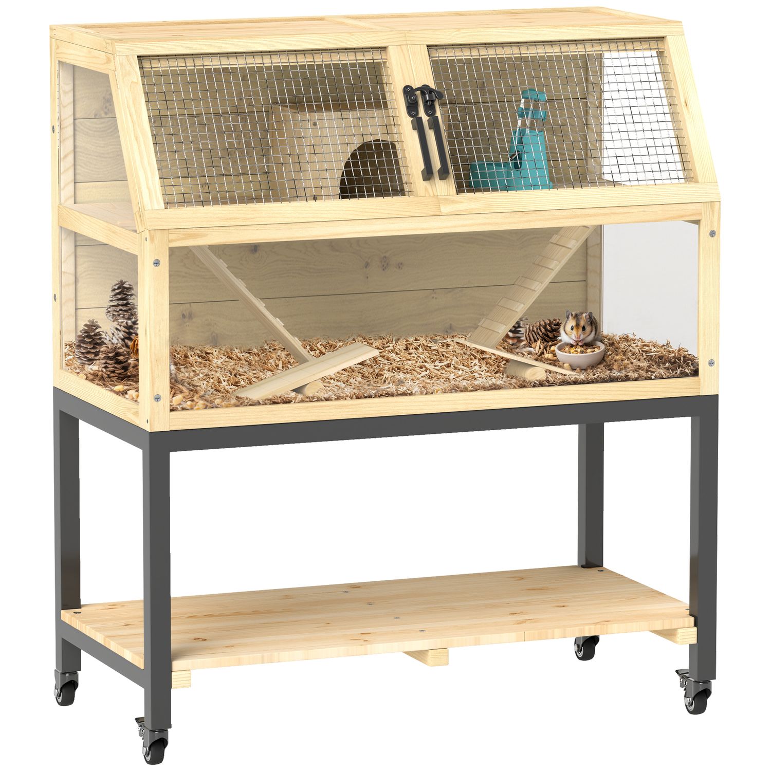 PawHut Wooden Hamster Cage with Storage Shelf Wheels - D51-443V00ND