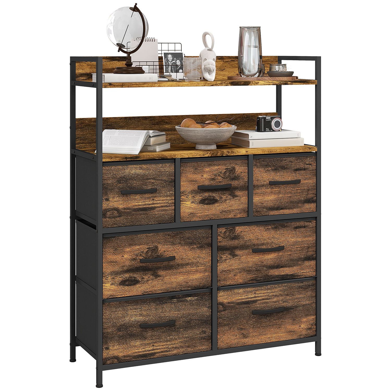 HOMCOM Bedroom Chest of Drawers 7 Drawer Dresser with Shelves Rustic Brown - 831