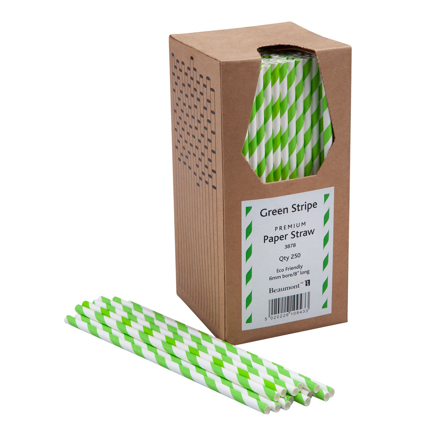 Beaumont 6mm Bore Paper Straw Green & White Striped (Pack of 250)