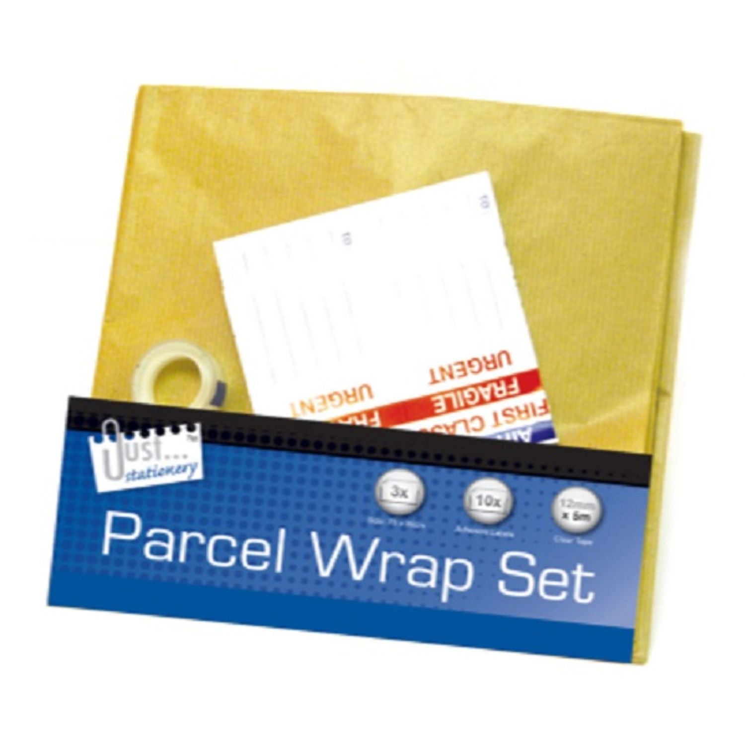 Just Stationery Parcel Wrap Set - 3x Sheets, 10 Labels & 1 Tape (Pack- you get 6