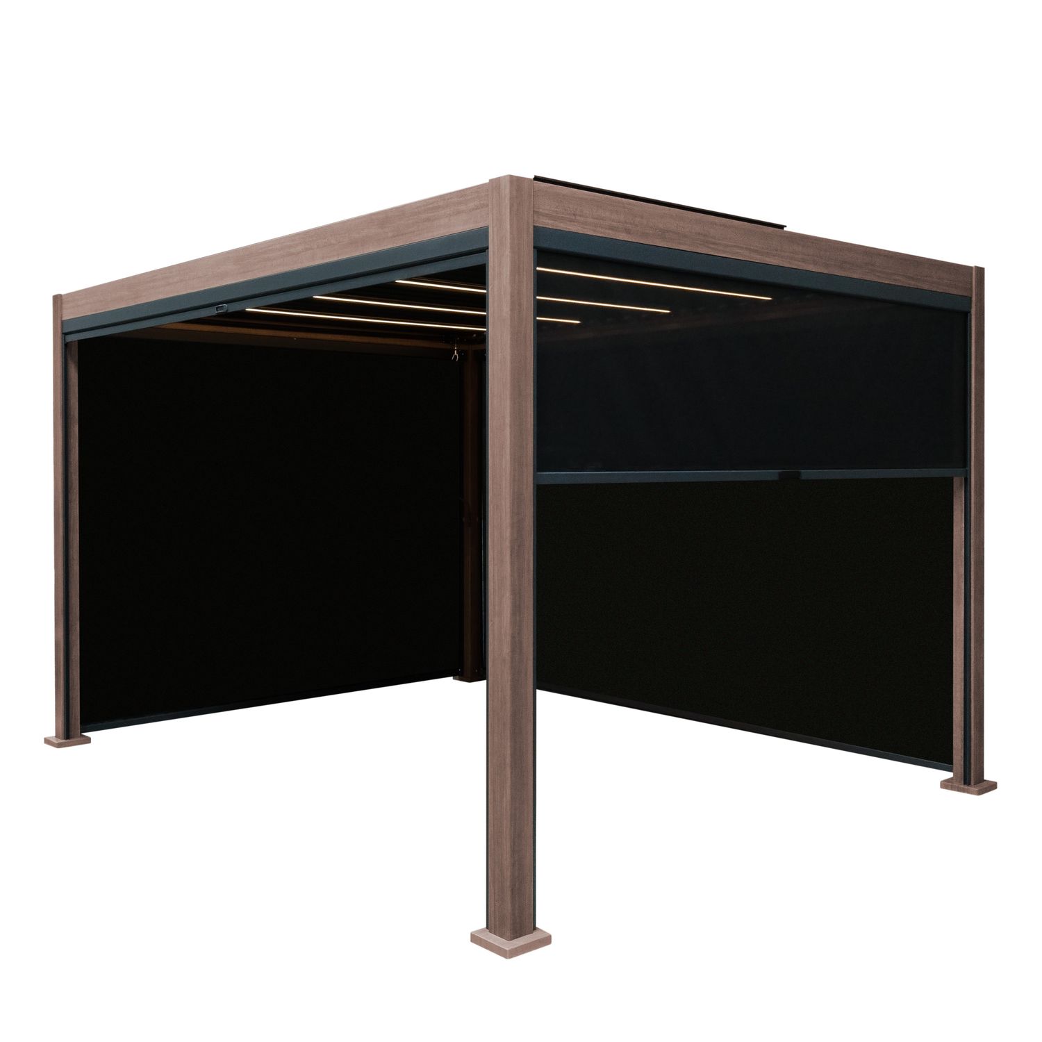 MonsterShop Wood Effect Aluminium Pergola with Blinds & LED Lights - 4m x 3m