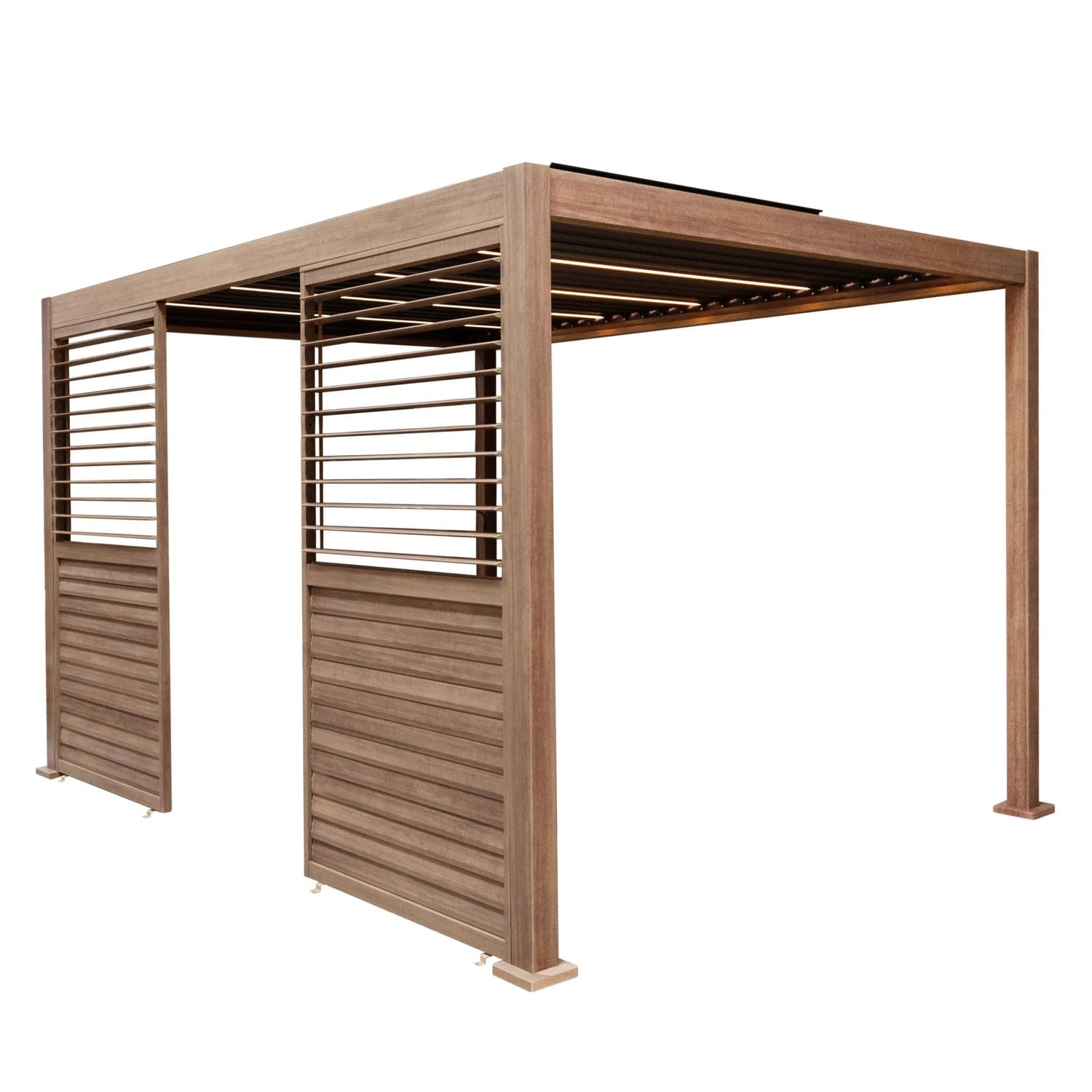 MonsterShop Wood Effect Aluminium Pergola with LED Lights & 2 x Side Panels - 4m