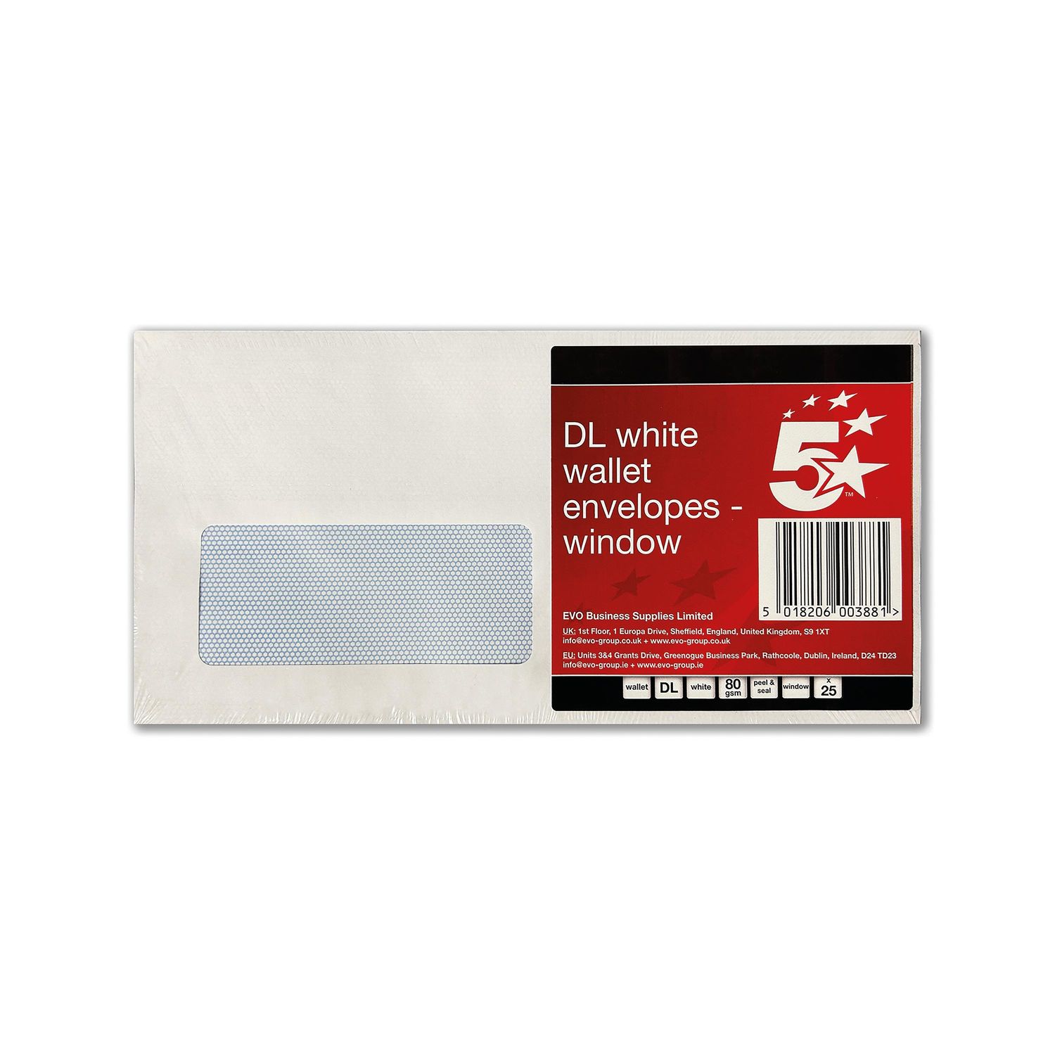 5 Star DL Envelopes Window Peel and Seal 80GSM - White (Pack of 25)