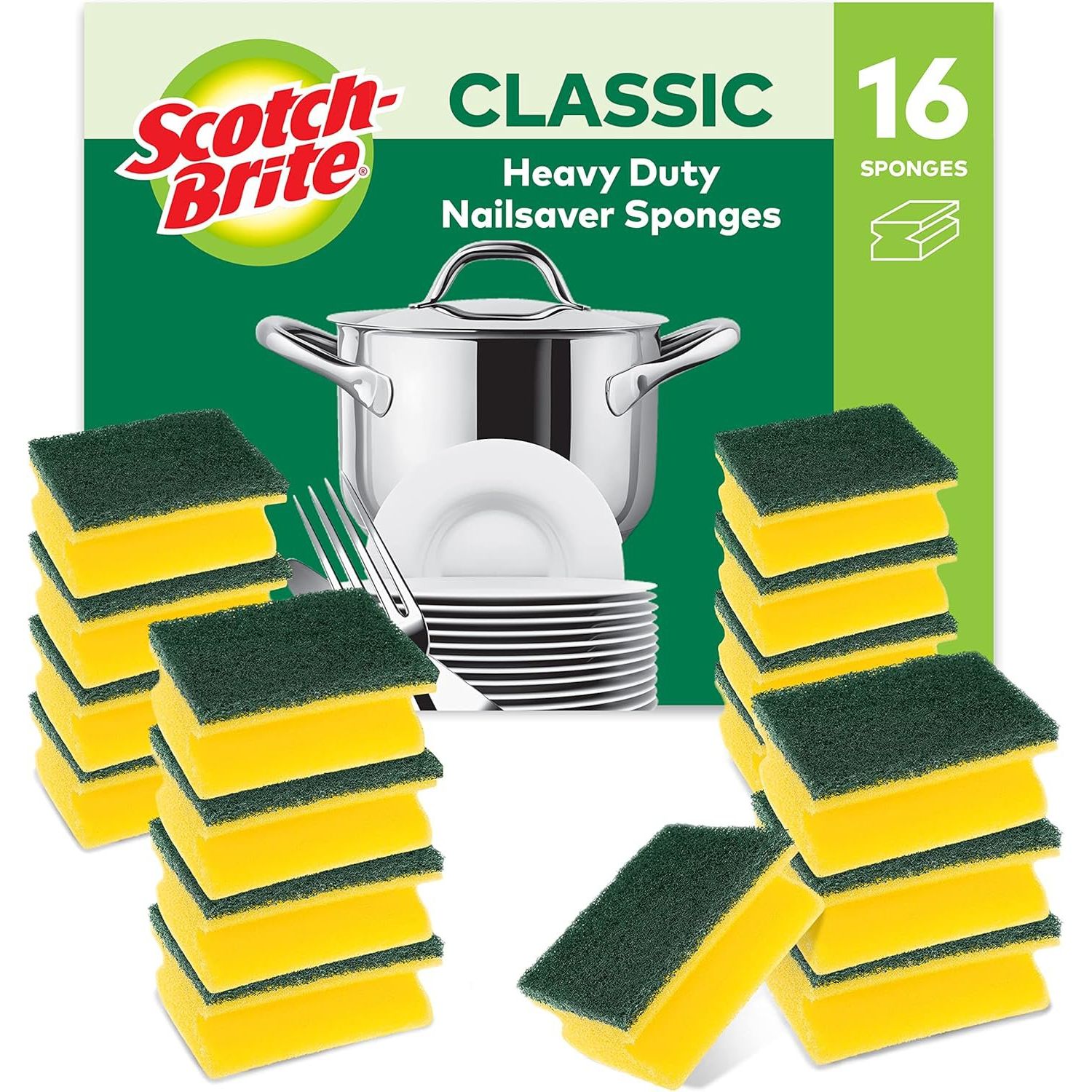 Scotch Brite Classic Nail Saver Heavy Duty Scrub Sponge Yellow and Green PK16